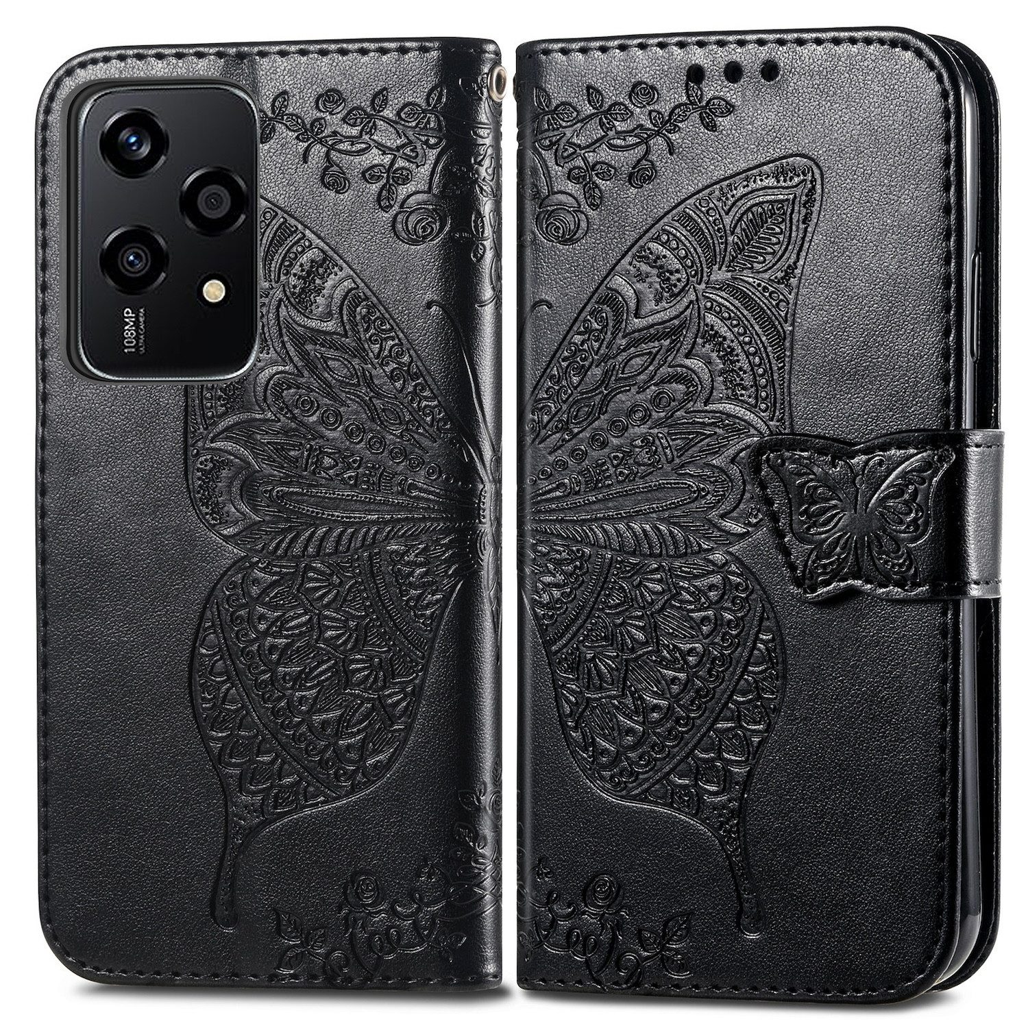 Wigento Smartphone-Hülle Für Honor 200 Lite Kunstleder Wallet Tasche Schmetterling Case Schwarz, Kunst-Leder Schutzhülle Smart Case Cover magnetischer Verschluss