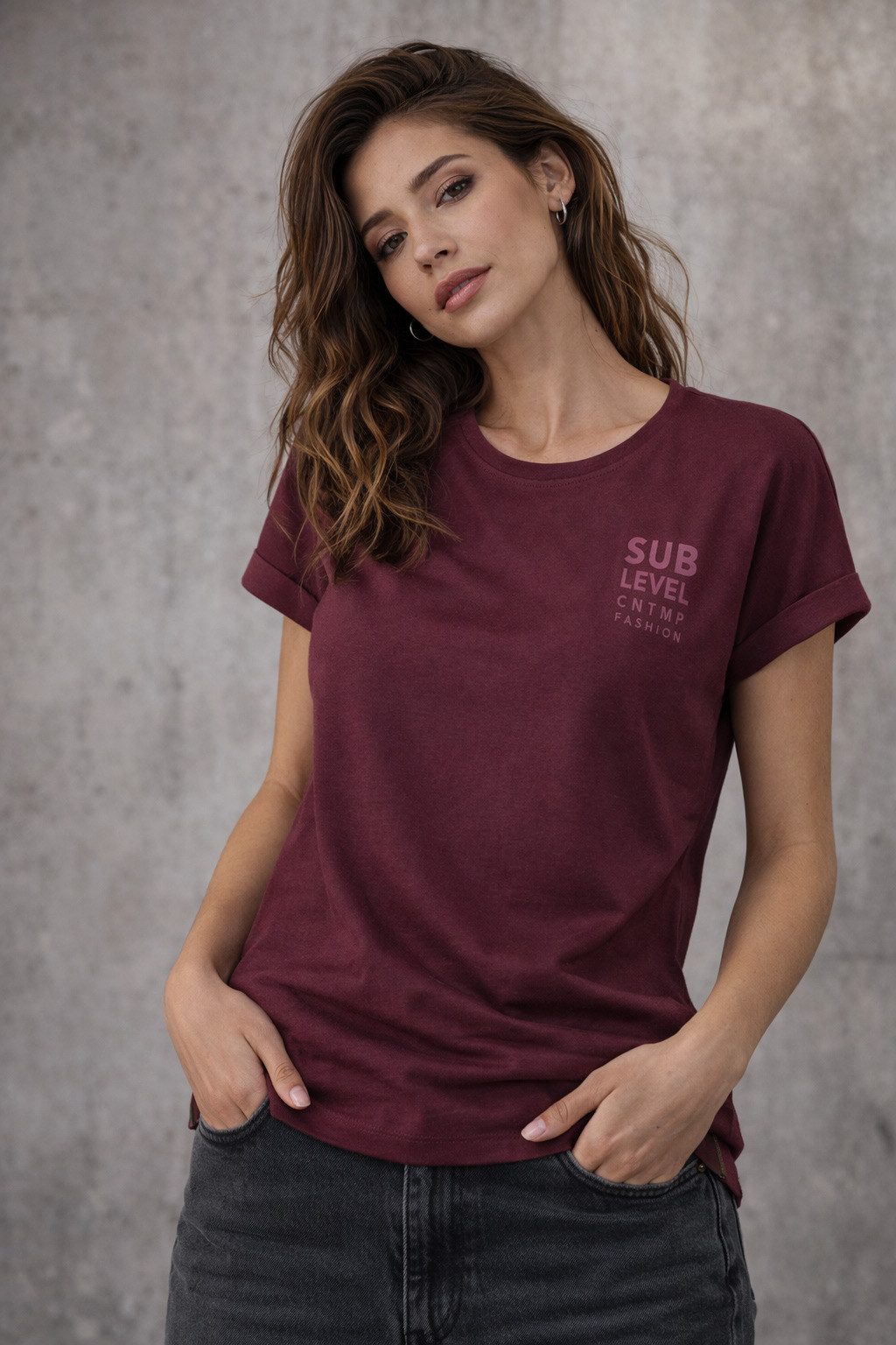 SUBLEVEL T-Shirt Damen Shirt Turn-Up Ärmel Weiches Basic Shirt Rundhals Kurzarm Baunwolle Modal Mix, super soft, unifarben, markenlogo