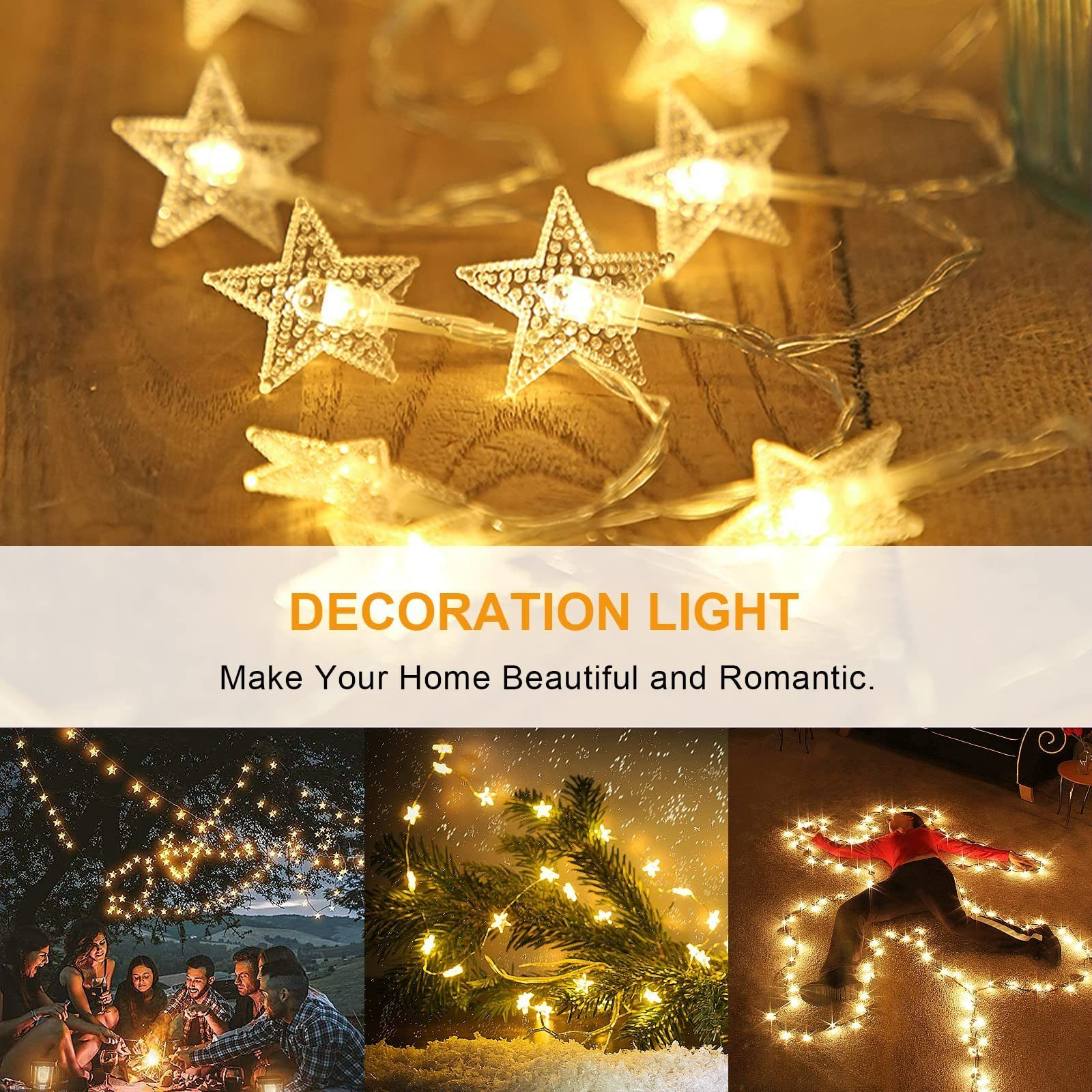 Weihnachtslichtern Stripe Lichterketten Innen&Außenlichterkette Sterne Innen,100 LED Sterne, Lichterkette Dekoration,Anschließbar Led CALIYO 10m