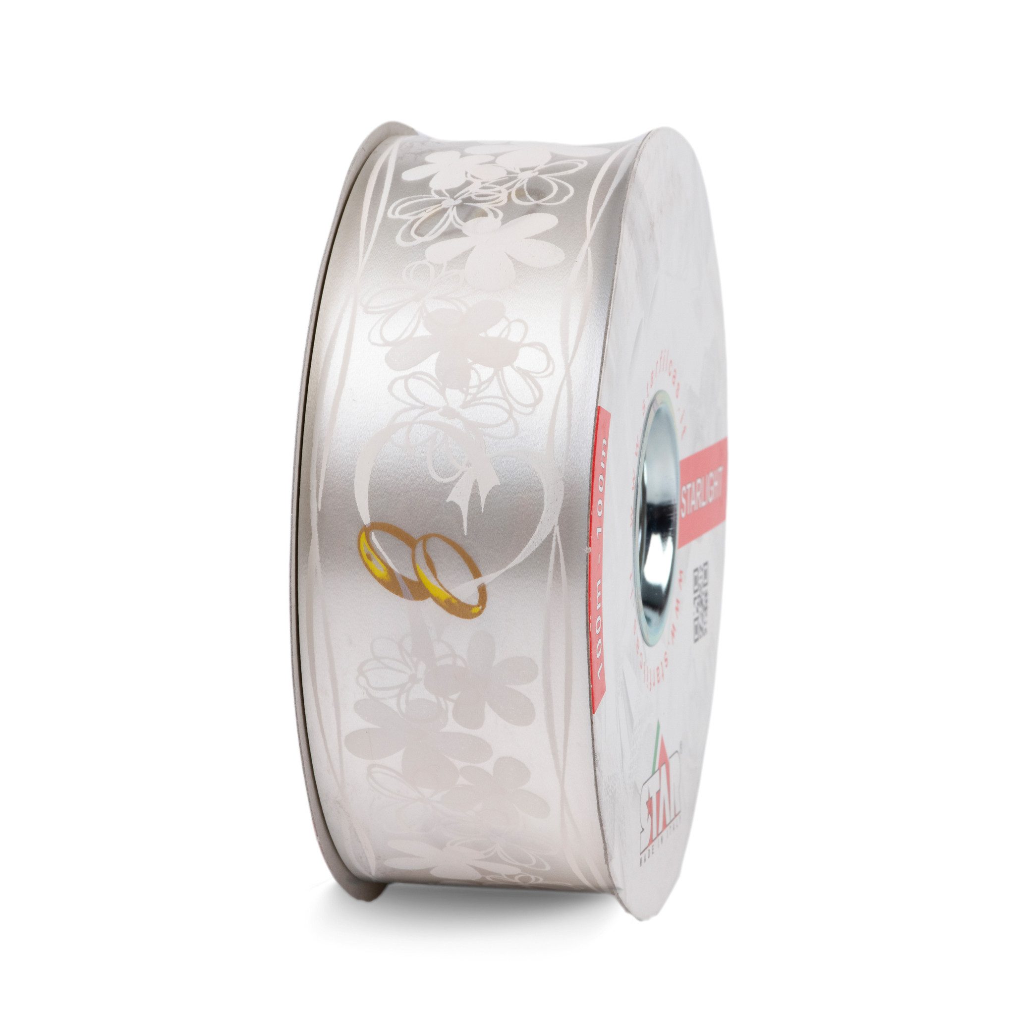 Star Geschenkband, Geschenkband Ringelband Eheringe & Blumen Motiv 50mm x 50m Rolle Weiß