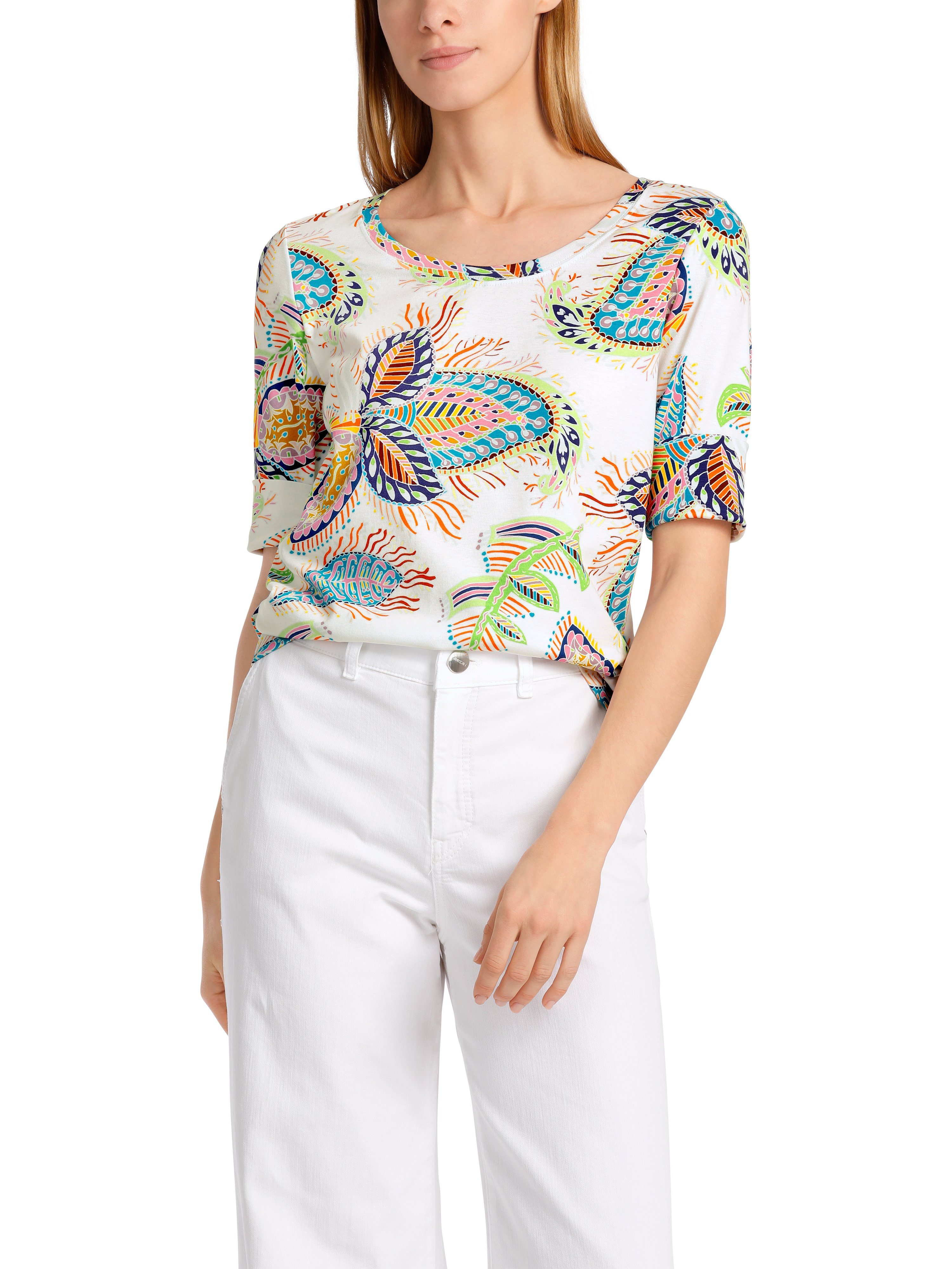 Marc Cain 3/4-Arm-Shirt "Collection Beach House" Premium Damenmode Allover mit einem fancy Blattmotiv bedruckt, 3/4-Ärmel