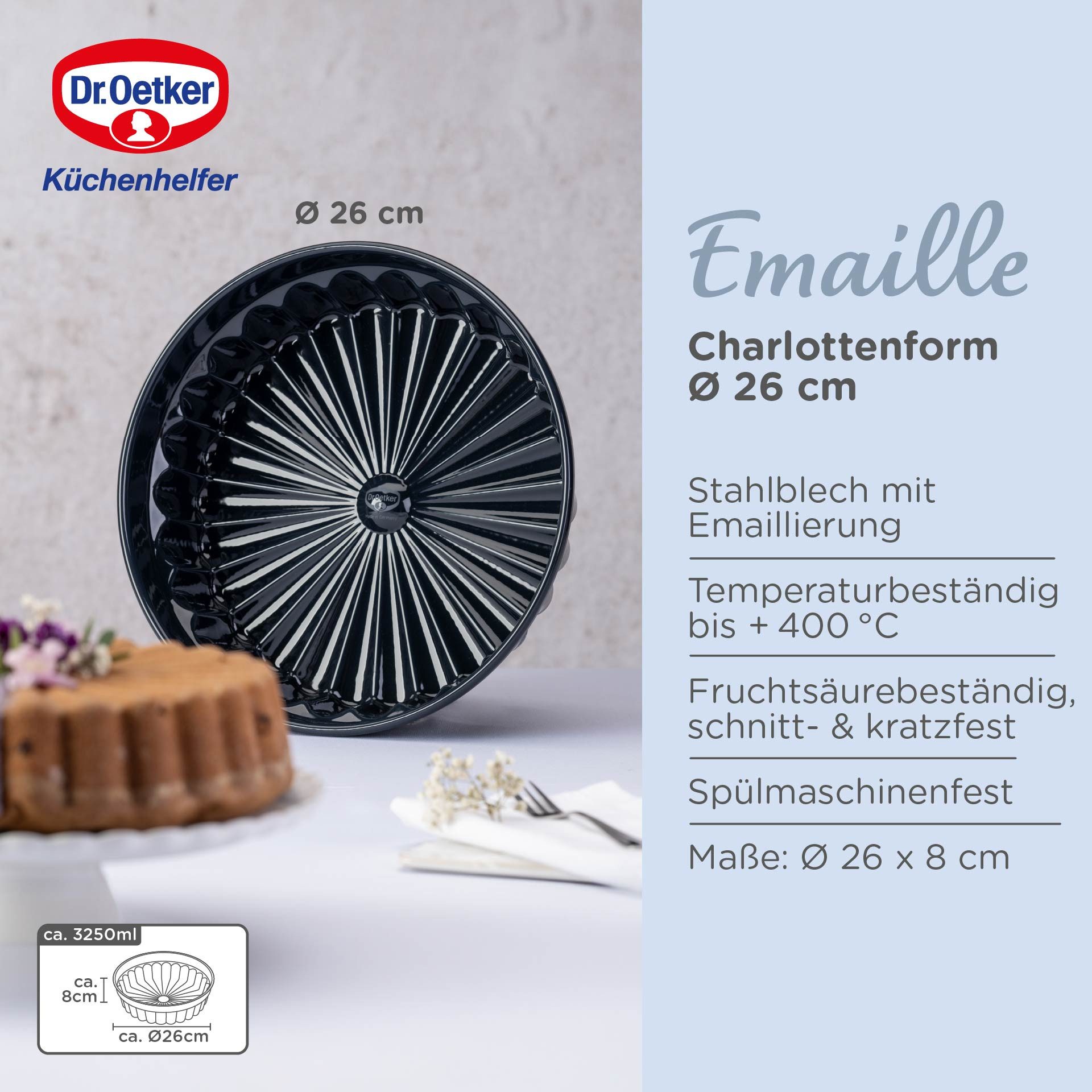 Dr. Oetker Küchenhelfer Backform Charlottenform Back-Liebe Emaille, Ø 28 cm, ozeanblau, Emaille-Versiegelung, schnitt- und kratzfest, spülmaschinengeeignet