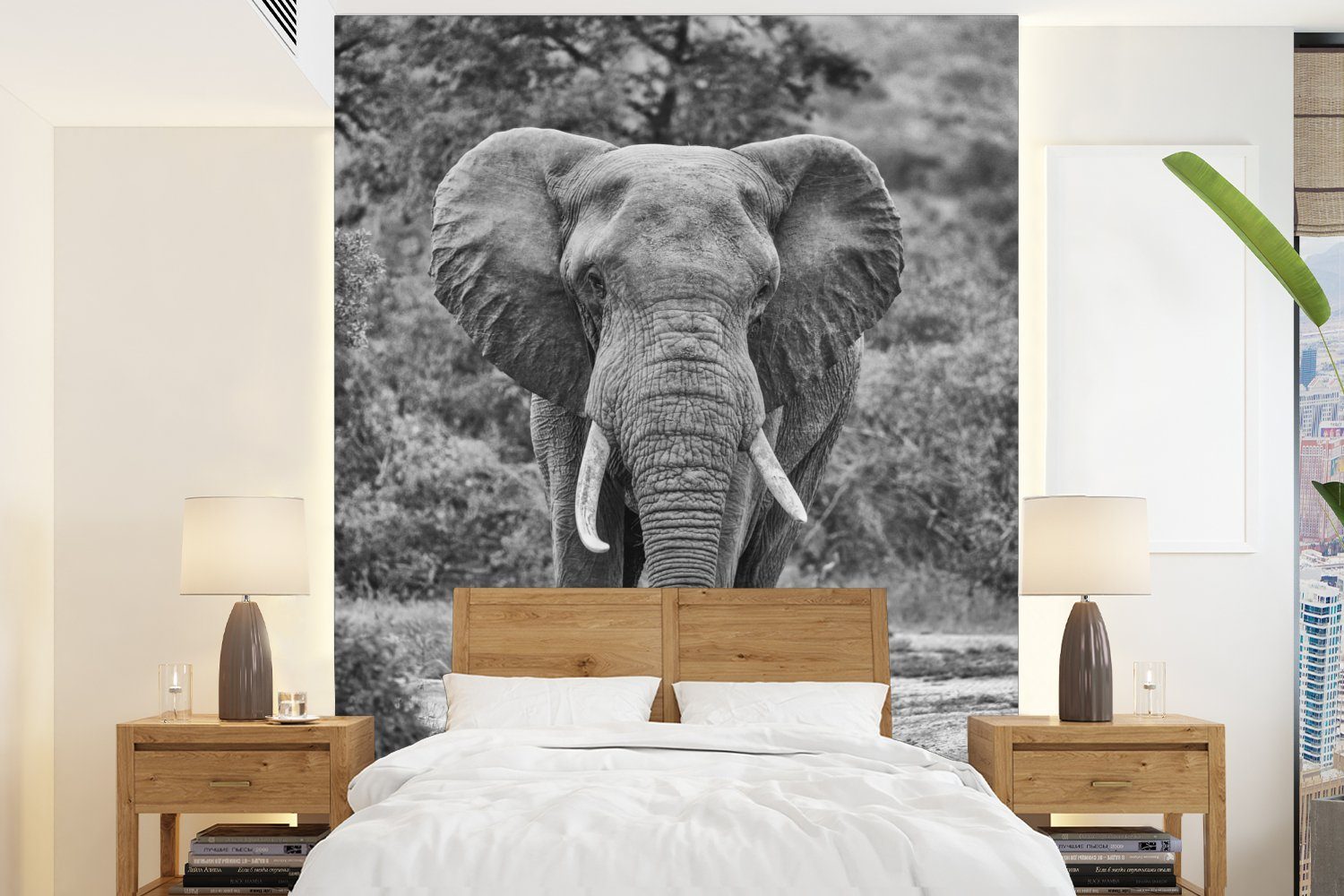 MuchoWow Fototapete Elefant schwarz und weiß zentriert, Matt, bedruckt, (4 St), Montagefertig Vinyl Tapete für Wohnzimmer, Wandtapete | Fototapeten