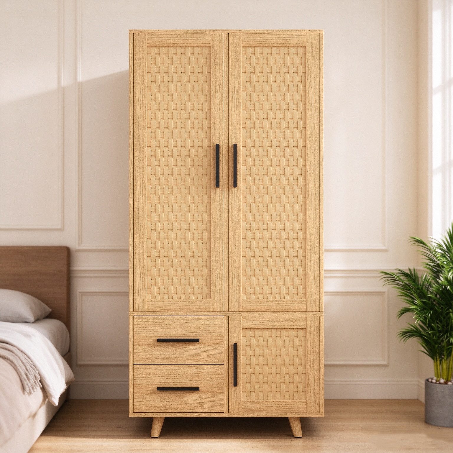 Simurq Kleiderschrank Kleiderschrank Schrank mit 2 Türen Garderobenschrank,Eich (garderobenschrank mit Stange, 2 Schubladen und 3 Schranktüren) Rattan mehrzweckschrank Geflecht, 80x52x176cm
