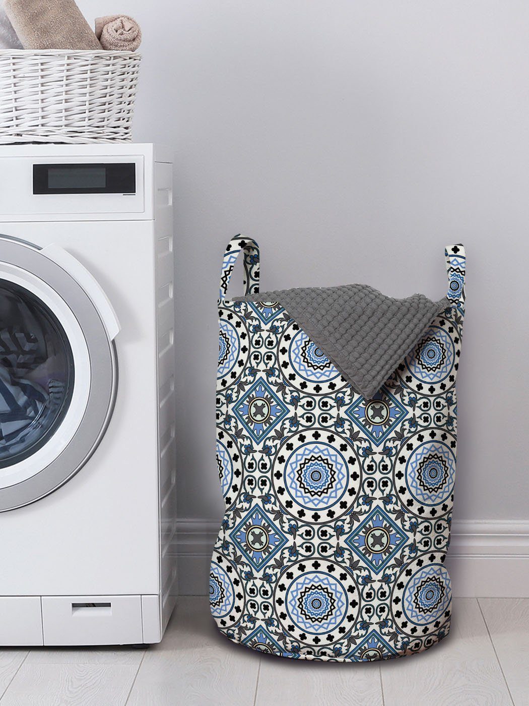 Wäschesäckchen Waschsalons, Abakuhaus mit Griffen Mosaik-Motive Kordelzugverschluss Wäschekorb für Retro