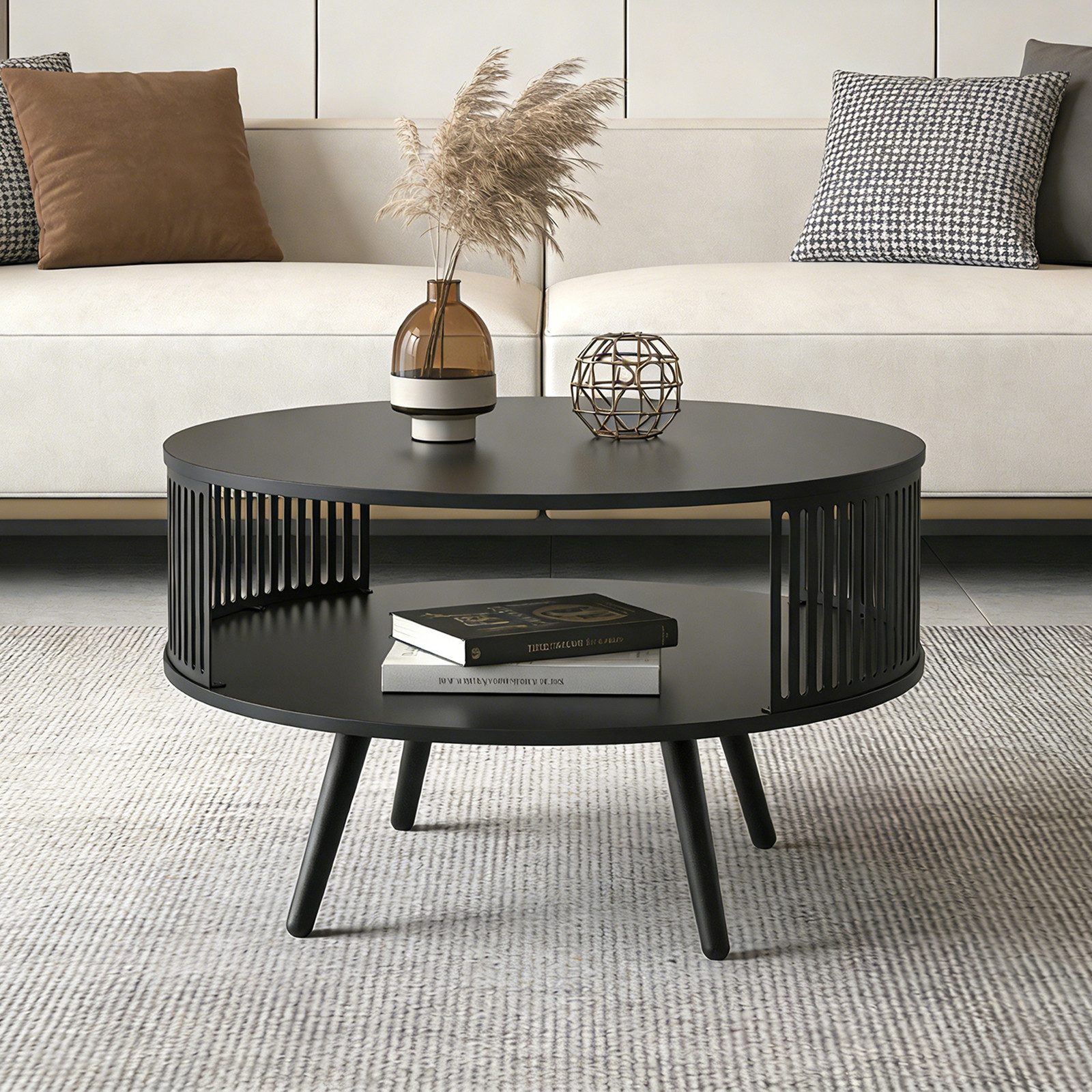 TWSOUL Couchtisch Runder Couchtisch mit Ablage, Metall Wohnzimmertisch Ø75 cm, 2-Etagen Sofatisch Schwarz, Moderner Wohnzimmertisch mit Stauraum