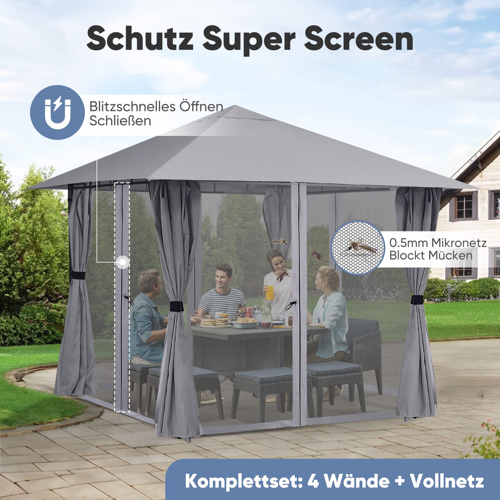 Sekey Pavillon Festzelt 300 x 300 cm Pavillon mit 4 Seitenteilen und 4 Moskitonetz, mit 8 Seitenteilen, Patio Gazebo für 6-10 Personen 4, Gartenpavillon mit 8 S – Bild 5 von 5