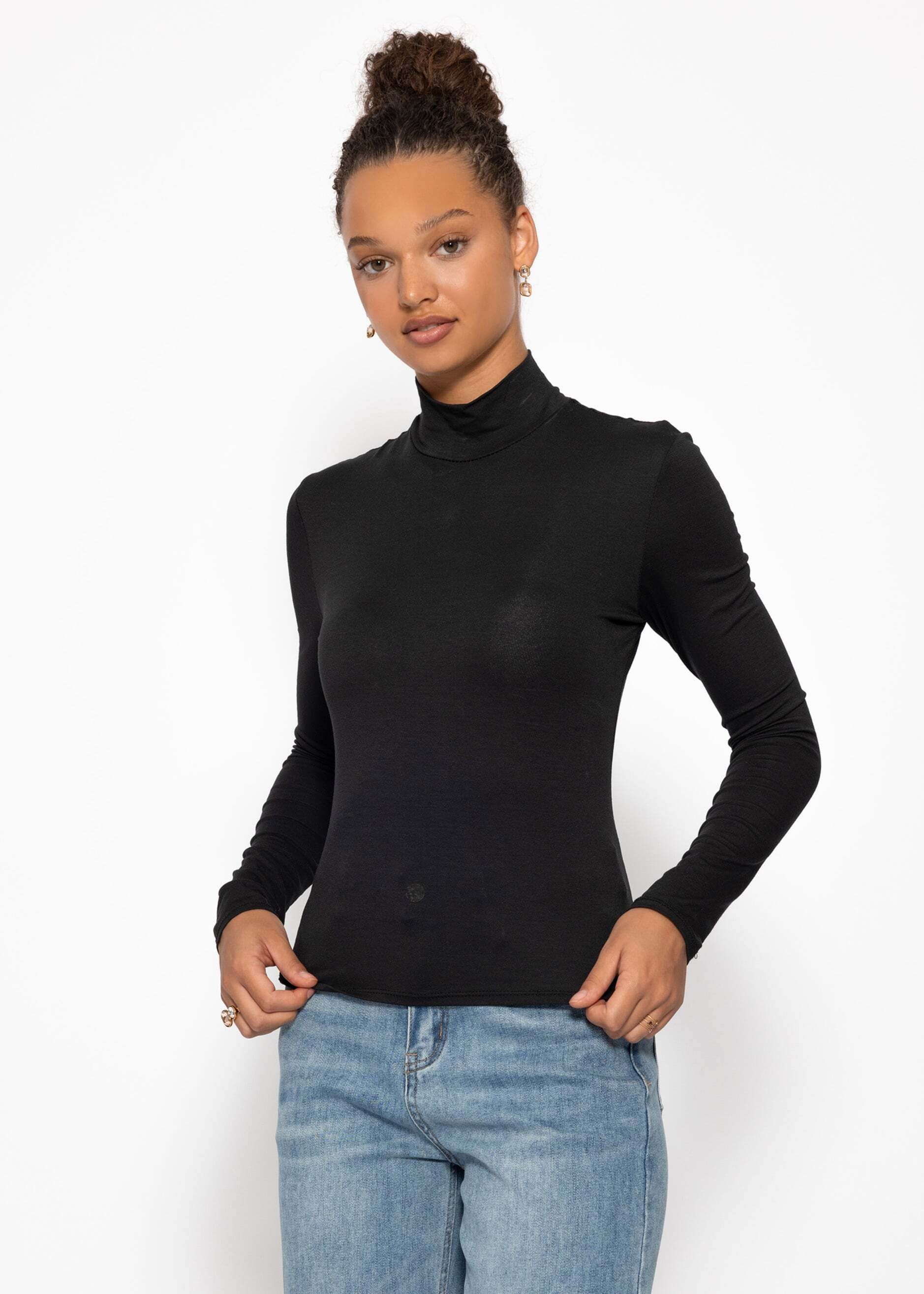 SASSYCLASSY Langarmshirt Langarmshirt Damen mit Rollkragen Elegant Figurbetontes Rundhalsausschnitt Shirt Braun Schwarz Weiß Grau