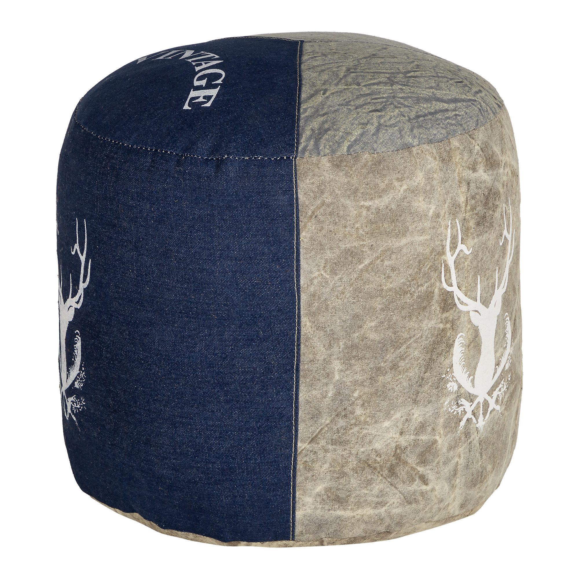 WOMO-DESIGN Pouf Sitzpouf Sitzhocker handgefertigt mit Baumwolle Füllung Fußhocker Puff, Sitzwürfel Natur/Blau aus Segeltuch/Jeans Runder Sitzkissen 35x43cm