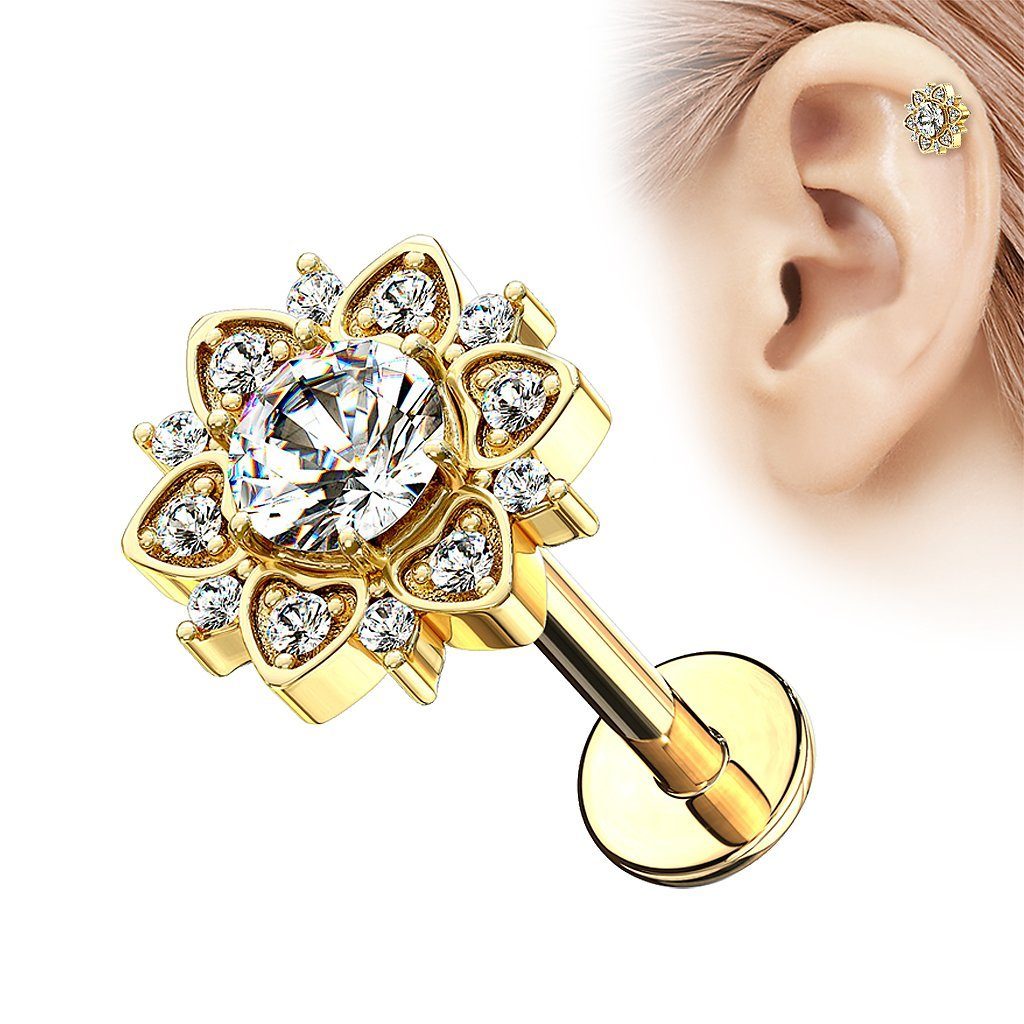 Gold Madonna Tragus Stecker Piercing-Set Knorpel Labret Ohr Universal Helix Cartilage Taffstyle Piercing Stab Kristall Lippenpiercing Piercing Blume,