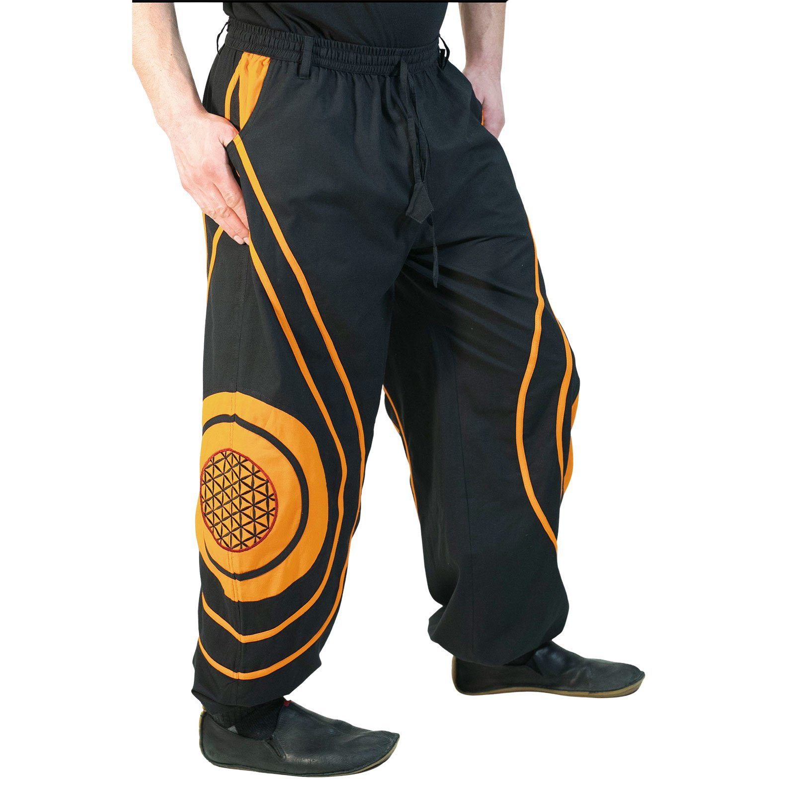 Schwarz/Orange Hose KUNST UND Gürtelschlaufe Haremshose des MAGIE Pluderhose Hippie Harem Blume Kordelzug Lebens