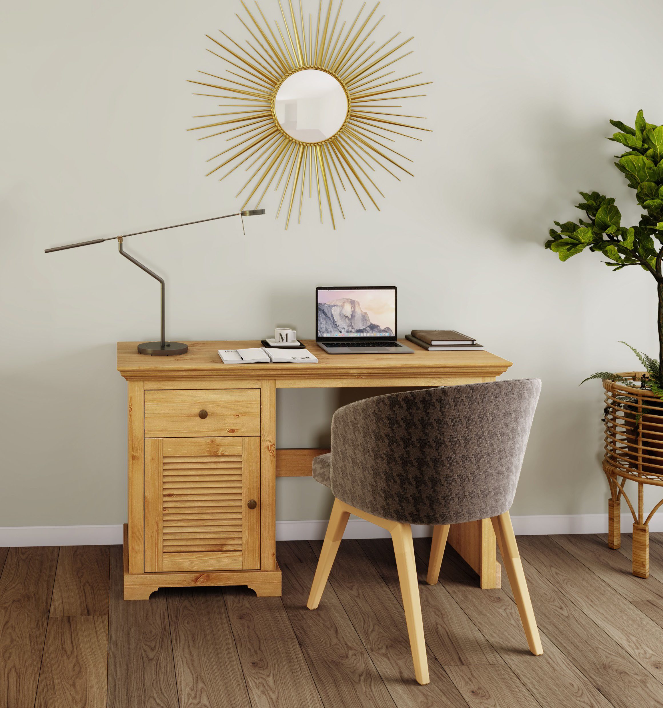 OTTO home Schreibtisch Ayanna, Massivholz, mit Schublade und Tür, Lamellenfront, Breite 130 cm