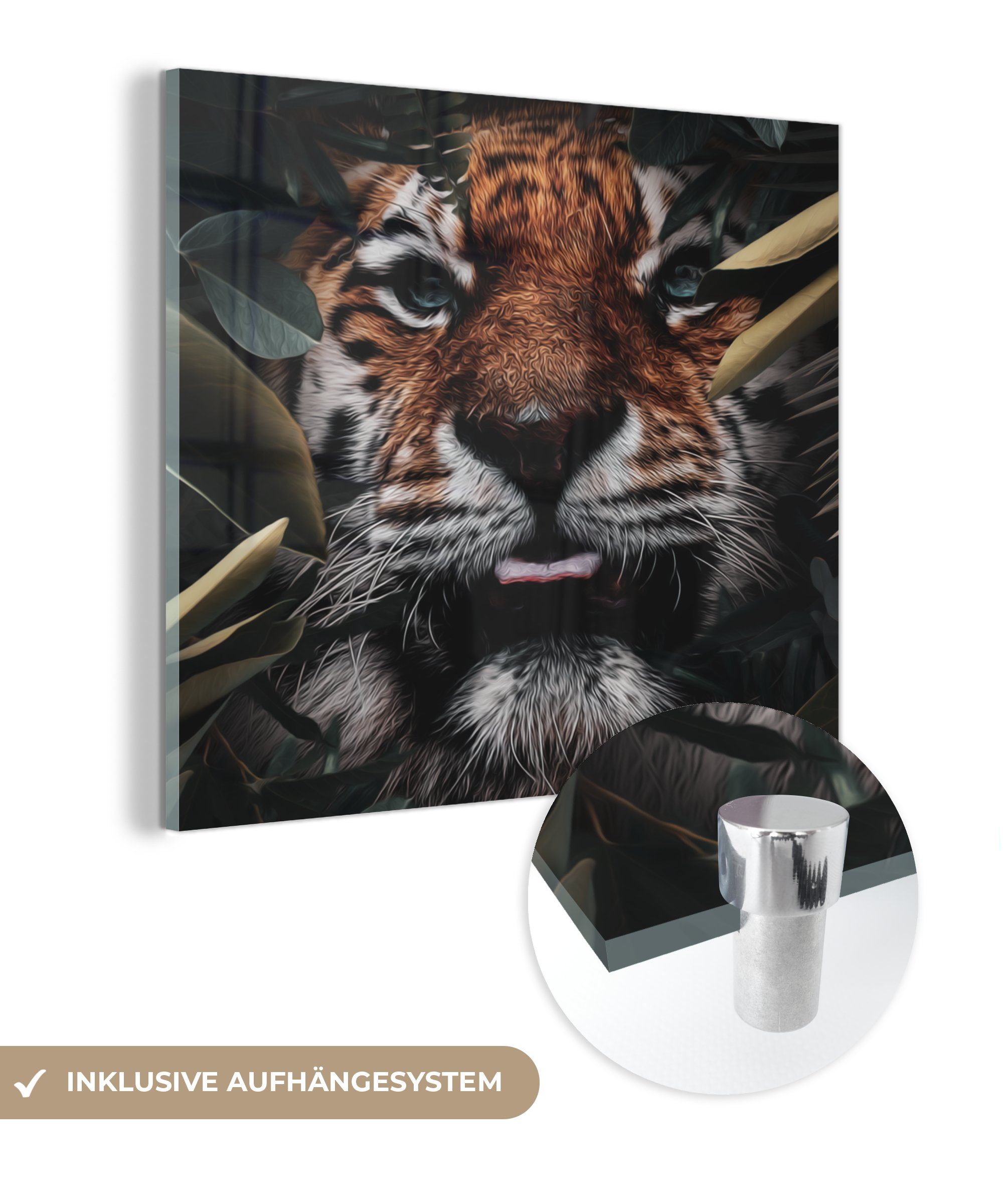 MuchoWow Acrylglasbild Tiger - Blatt - Tiere, (1 St), Glasbilder - Bilder auf Glas Wandbild - Foto auf Glas - Wanddekoration
