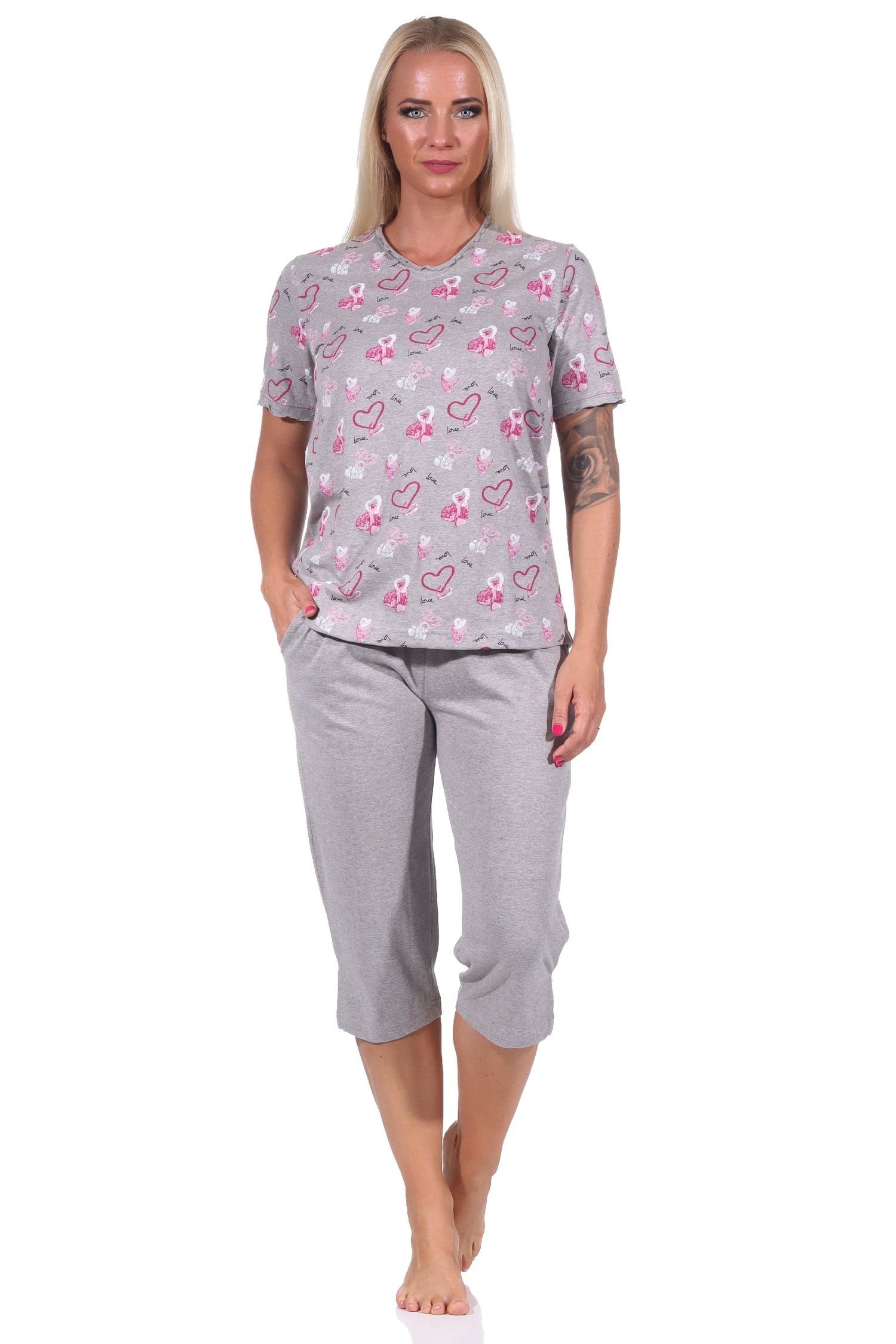 Übergrößen Pyjama grau-melange Herz Schlafanzug Capri in kurzarm auch - Damen Optik Normann in