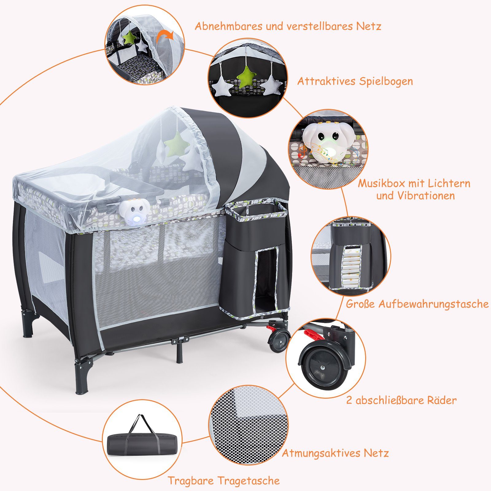 COSTWAY Baby-Reisebett, klappbar, mit abnehmbarem & verstellbarem Moskitonetz