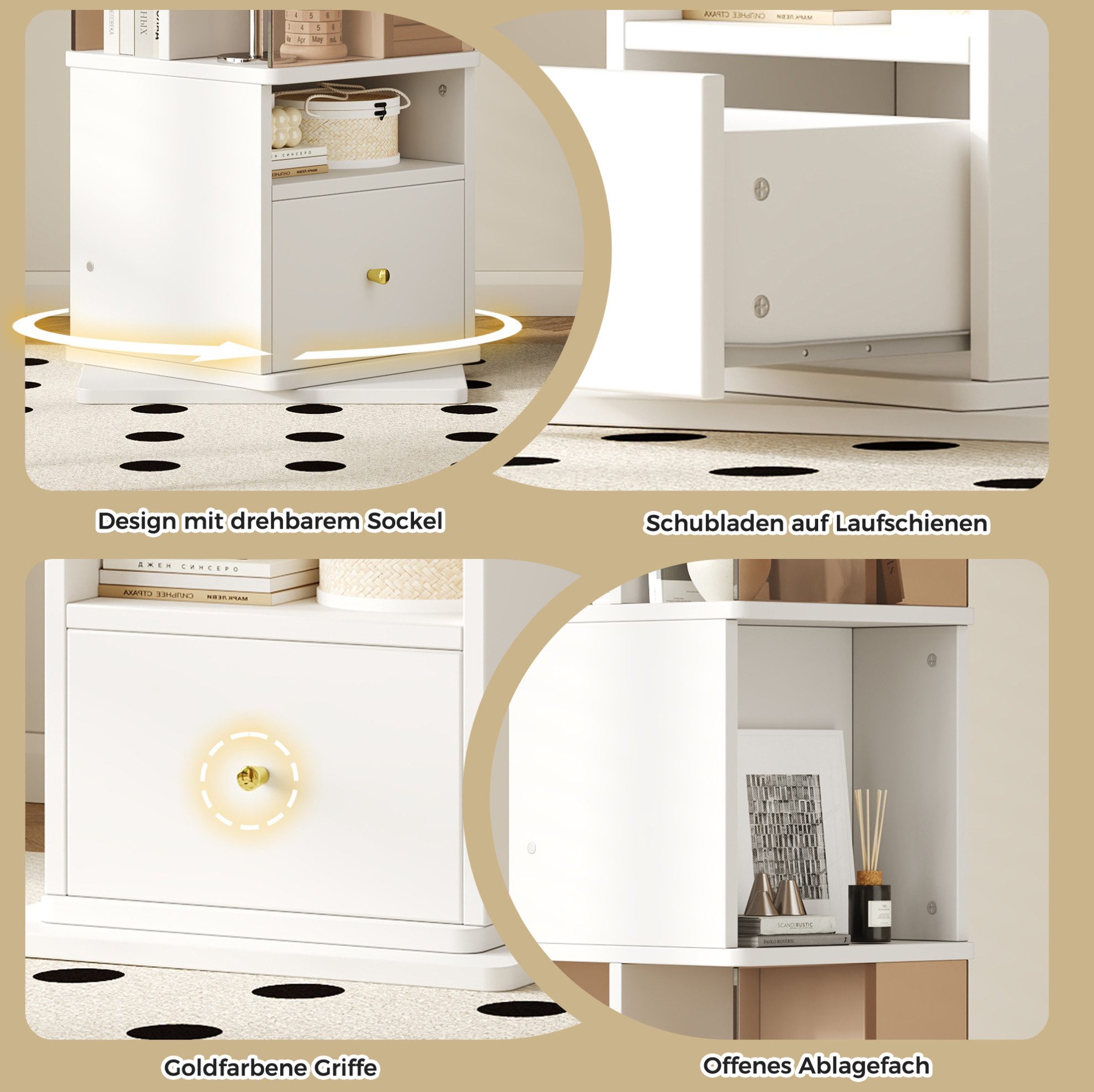 OKWISH Standvitrine Ausstellungsschrank, Vitrine (360° Drehbare, 50 x 50 x 160 cm mit gehärteten Glastüren, MDF-Melaminoberfläche, Drehteller und Schublade, moderner Vitrinenschrank mit goldenen Griffen)