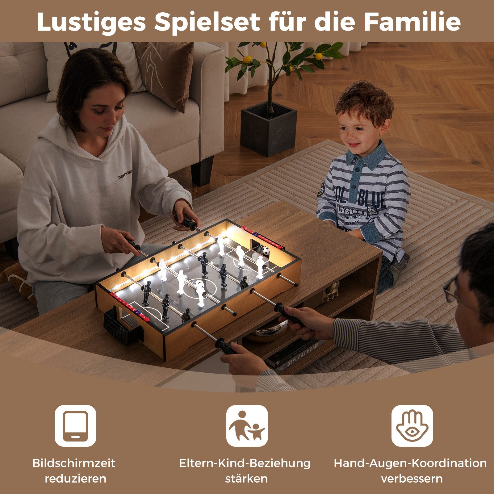 COSTWAY Kickertisch, Tischkicker, Tischfußball mit LED-Licht