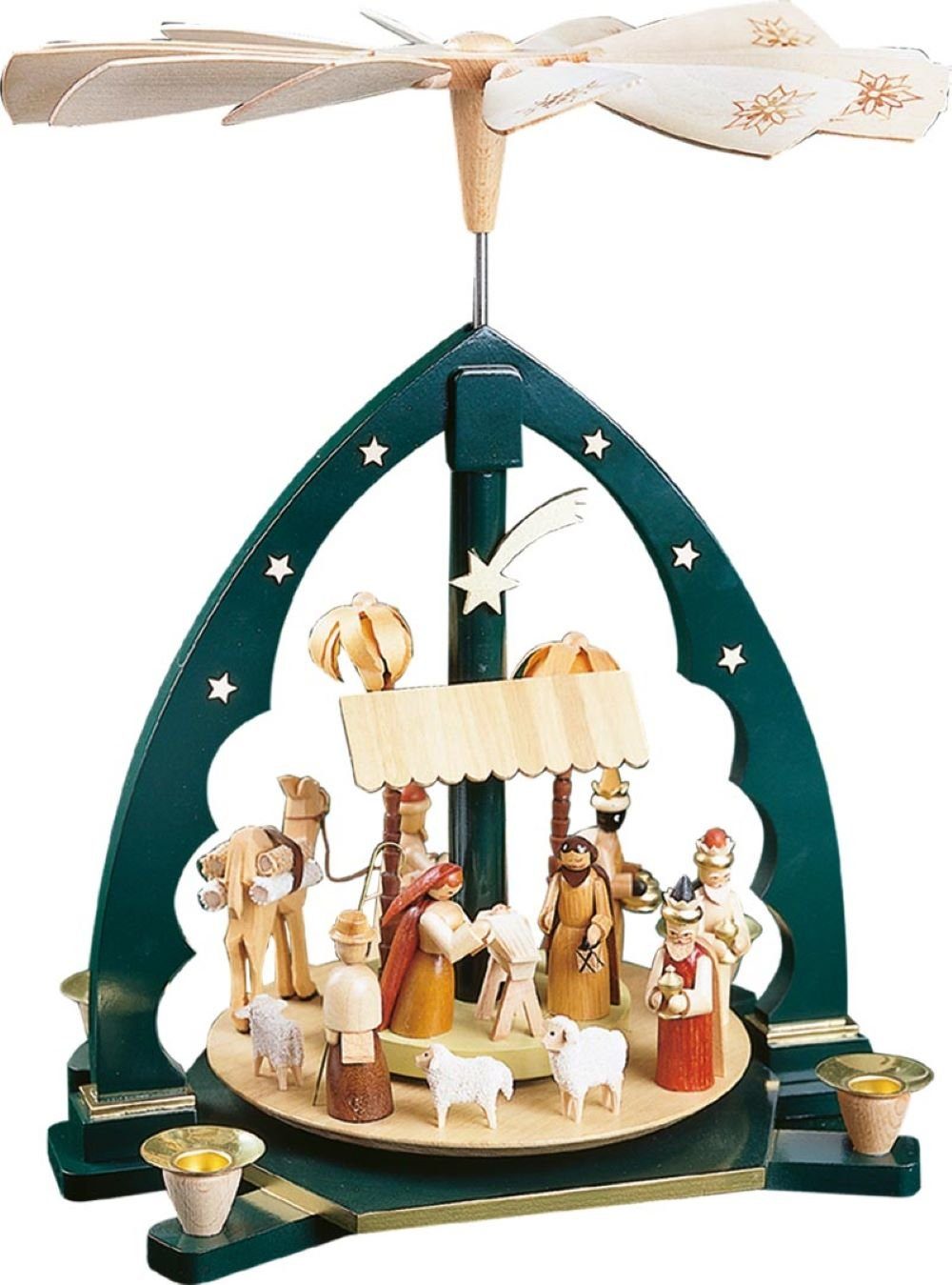 Richard Glaesser Weihnachtspyramide Heilige Familie grün, Höhe 40cm, Handwerkskunst original Erzgebirge