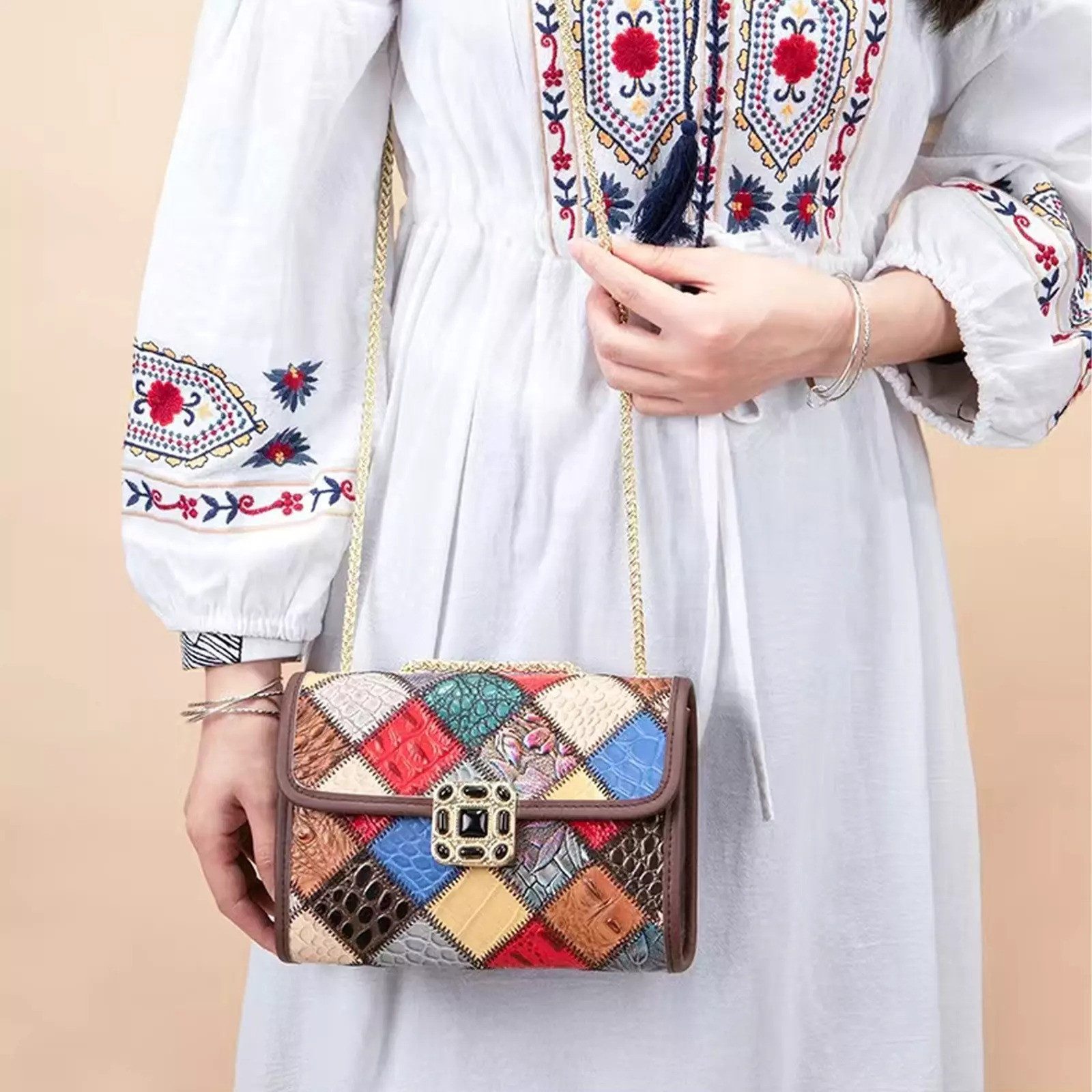 YUBRO-STUDIO Schultertasche Modische Ledertasche mit Patchwork-Muster günstig online kaufen