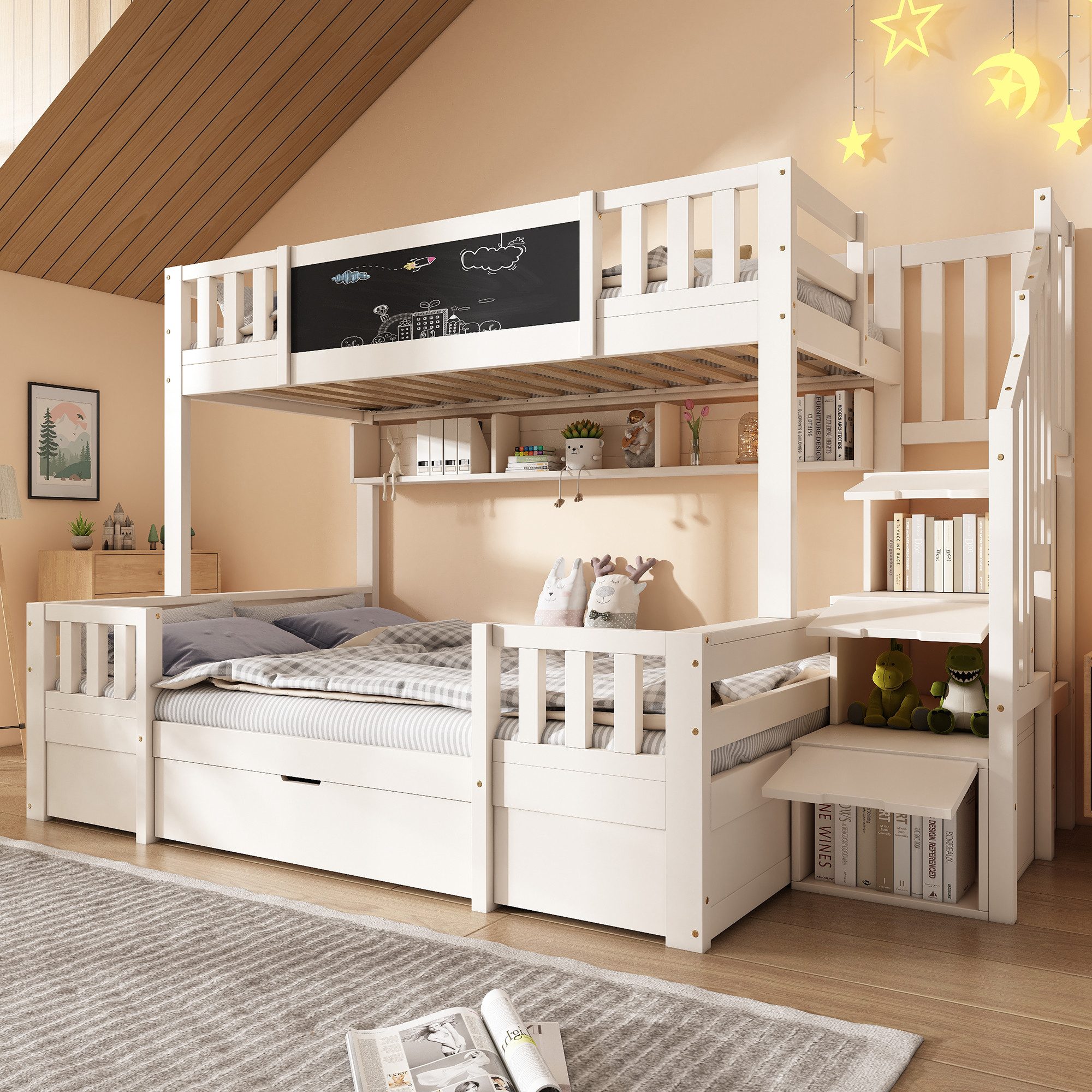 MODFU Hochbett Kinder-Etagenbett mit integriertem Stauraum-System (Etagenbett,Hochbett, Kinderbett, 1-St., Maße 90x200 & 140x200 cm, ohne Matratze – vielseitig) Mit Kreidetafel, Treppenschrank & Schubladen, in Weiß