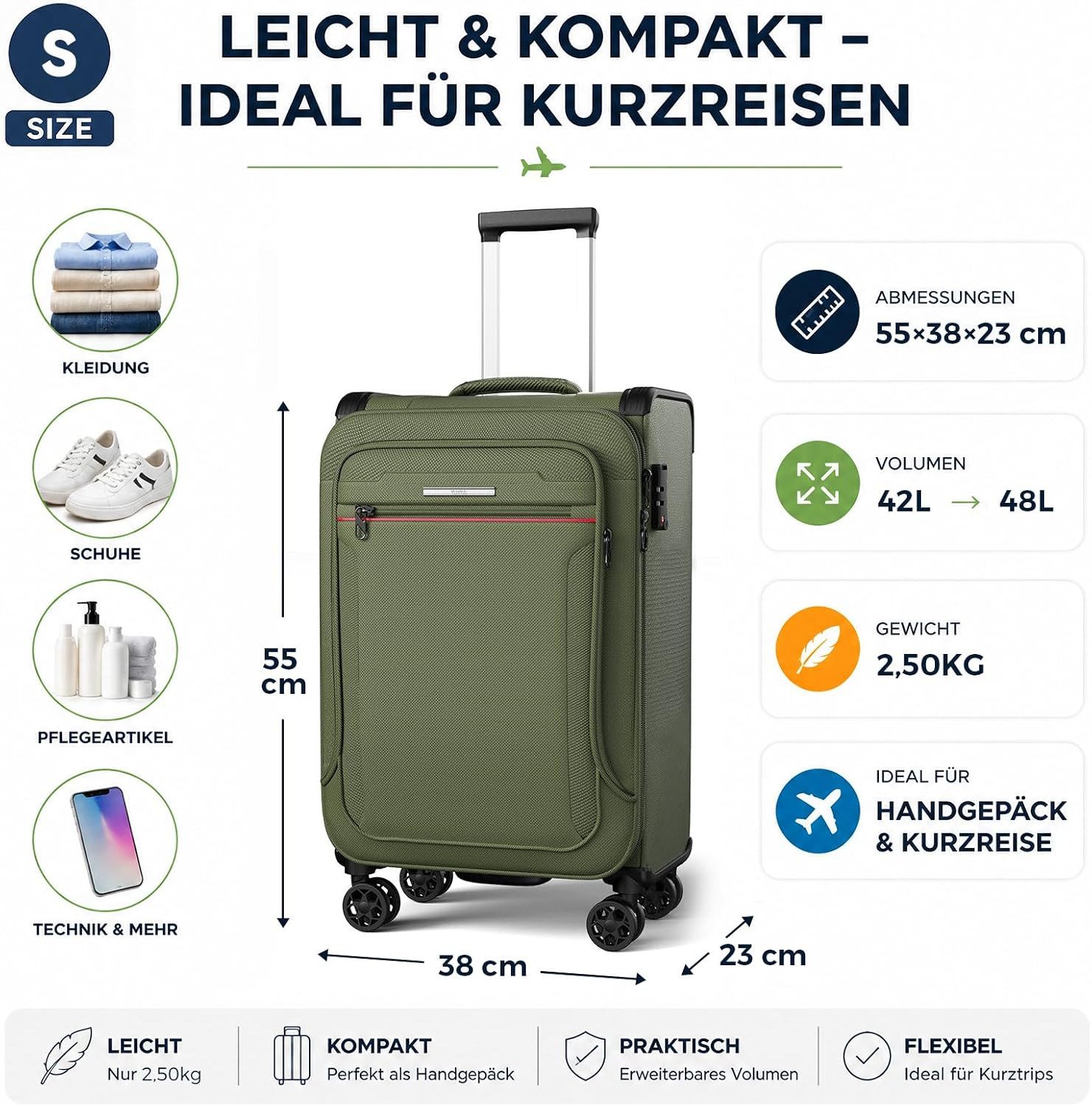 Verage Weichgepäck-Trolley Toledo Weichschalenkoffer Reisekoffer, 4 Rollen, TSA-Schloss, erweiterbar Stoffkoffer Volumenerweiterung S/M/L/Sets – Bild 3 von 5