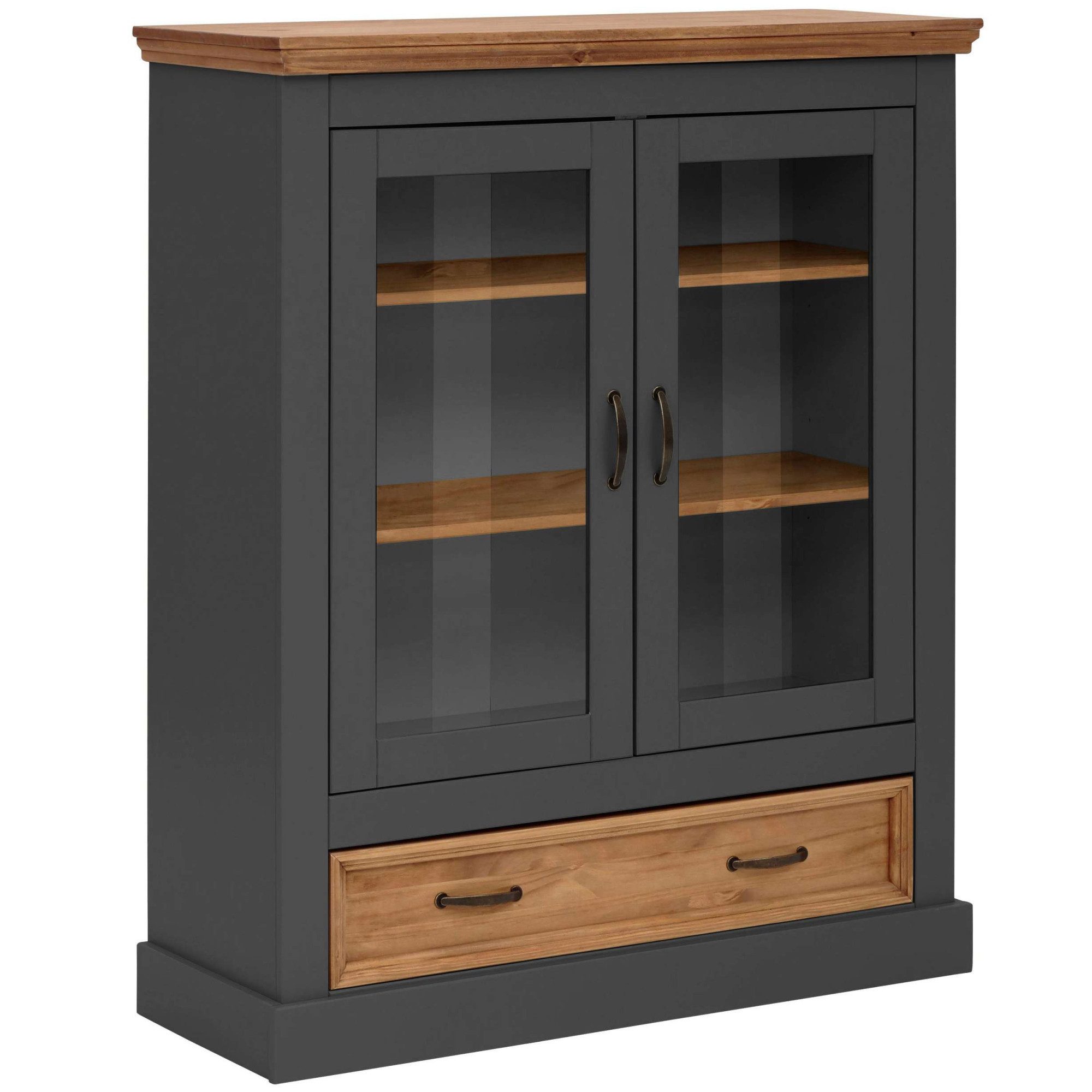 OTTO home Vitrine Selma Highboard aus massivem Kiefernholz, mit Griffen aus antikisiertem Metall