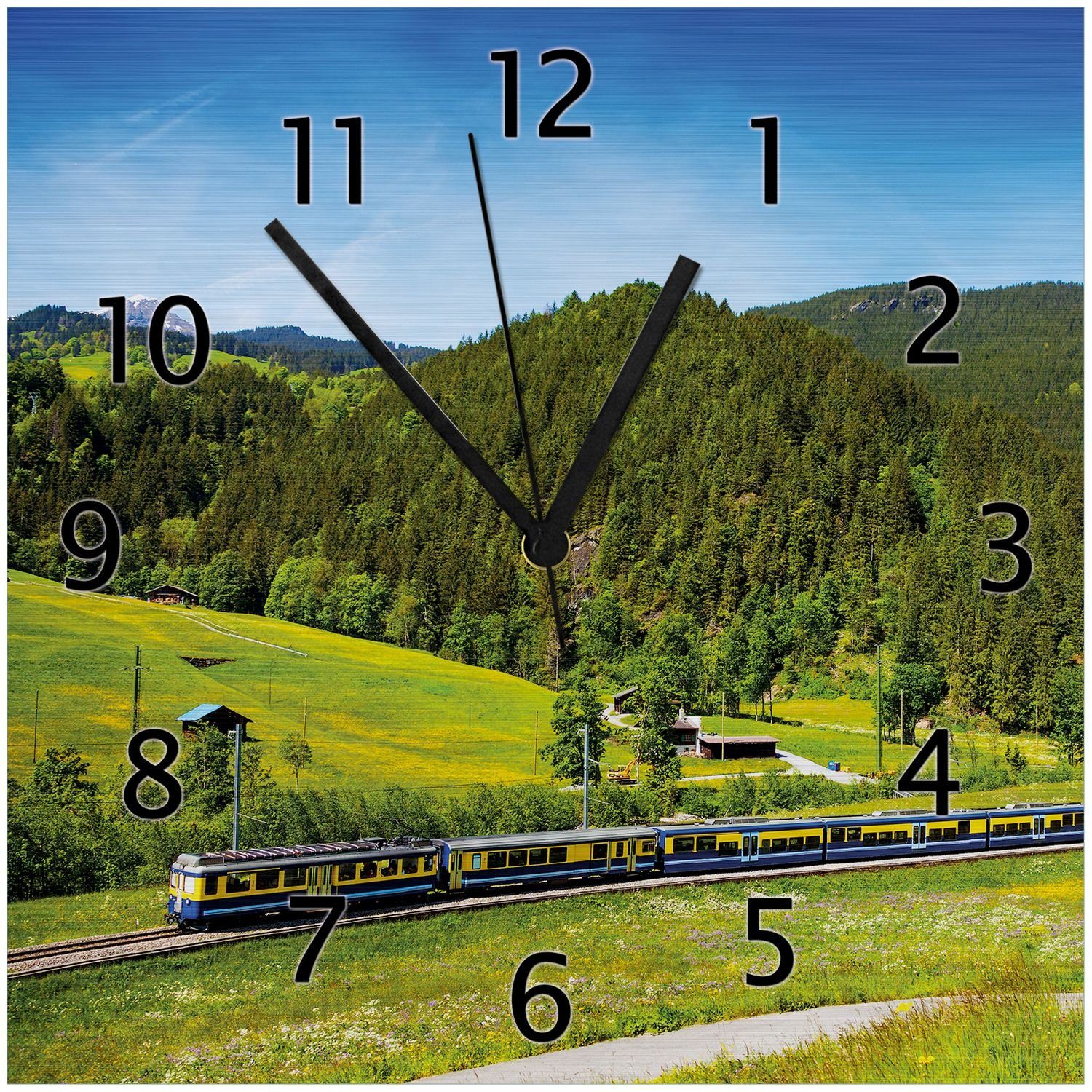 Wallario Wanduhr Eisenbahn in einer Sommerlandschaft in der Schweiz (Aluverbunduhr) | Wanduhren