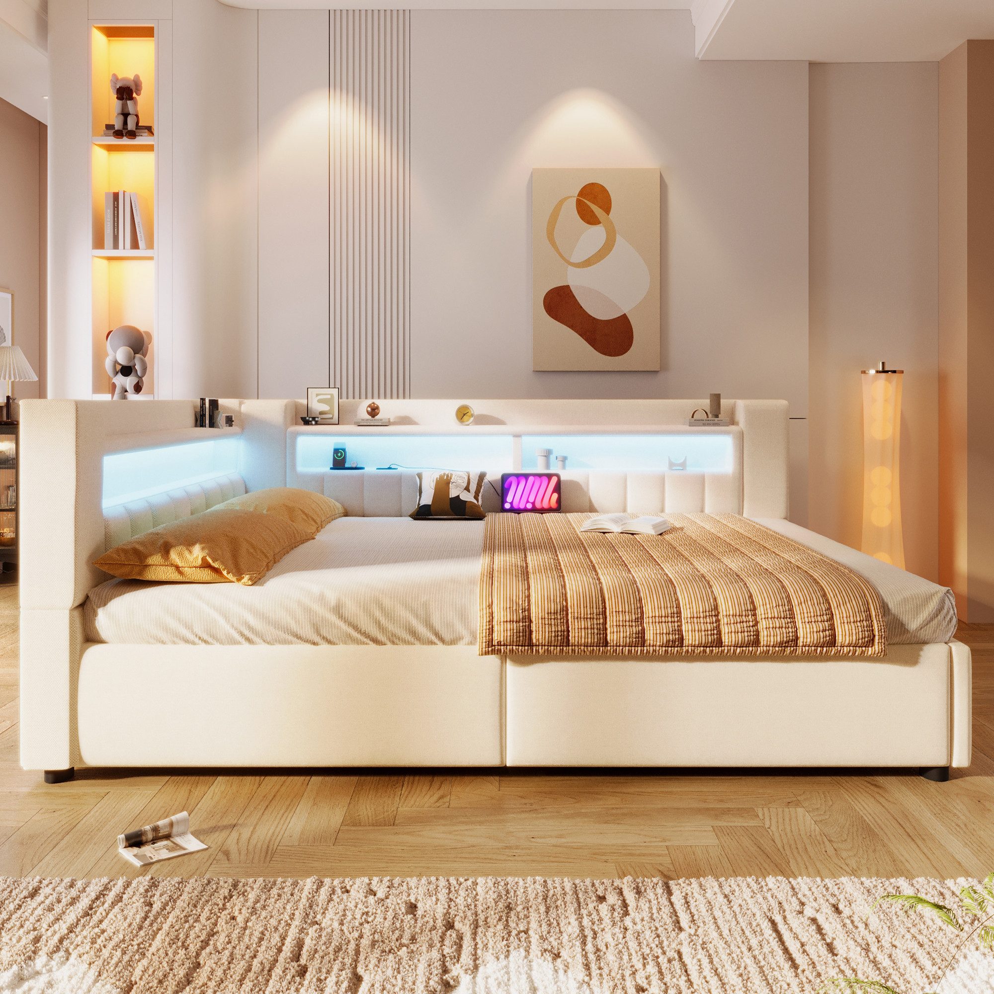 Merax Daybett 140x200cm mit LED-Beleuchtung & USB, Typ-C Ladefunktion (Jugendbett Schlafsofa Sofabett Einzel-Doppelbett, 1 tlg), Tagesbett mit hydraulischem Stauraum und Staufächern, Leinen