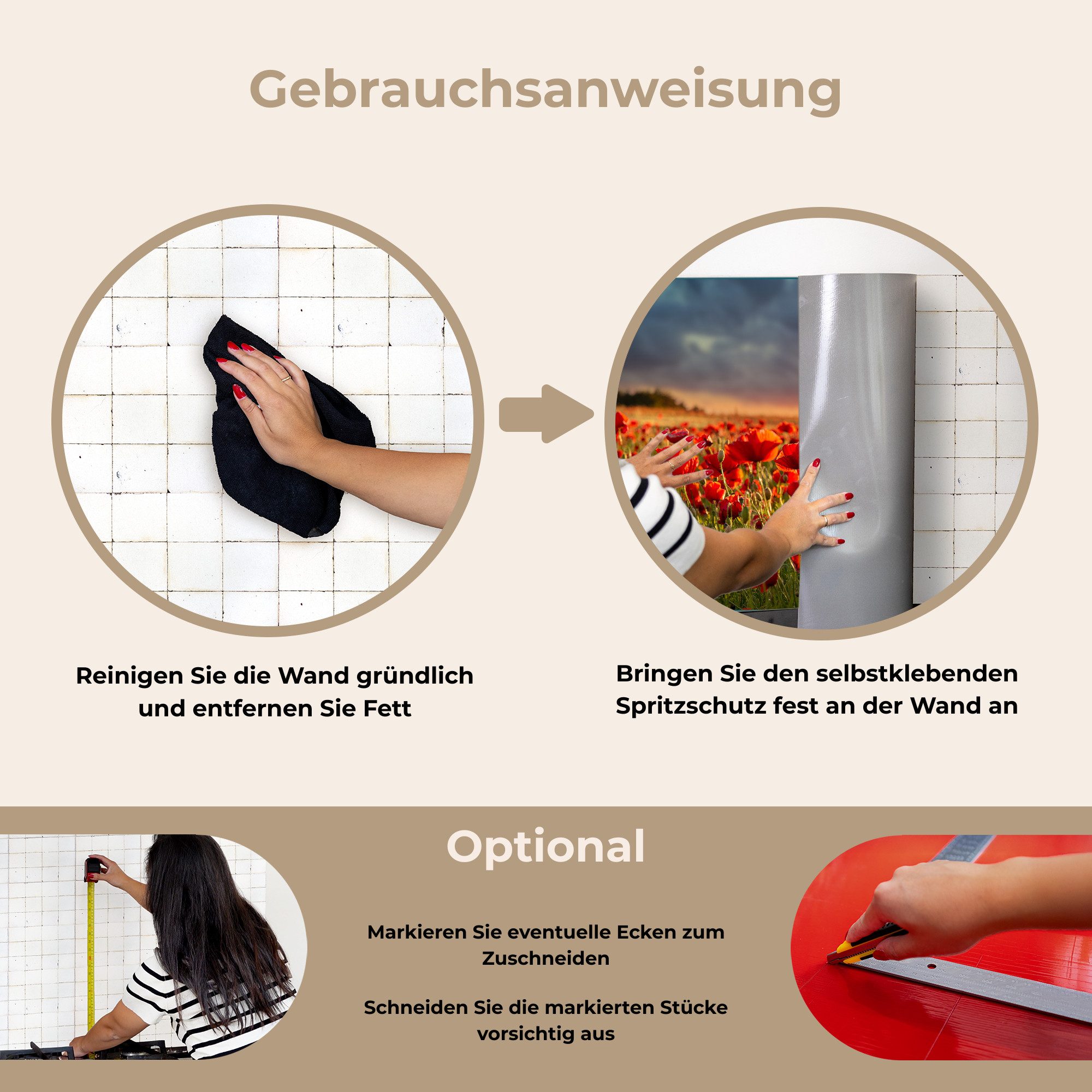 KitchenYeah Küchenrückwand selbstklebend (keine Folie) Sonnenuntergang - Mohnblumen - Rot - Blume, (1-tlg), Spritzschutz Küchenrückwand, Wandschutz, 120x80 cm