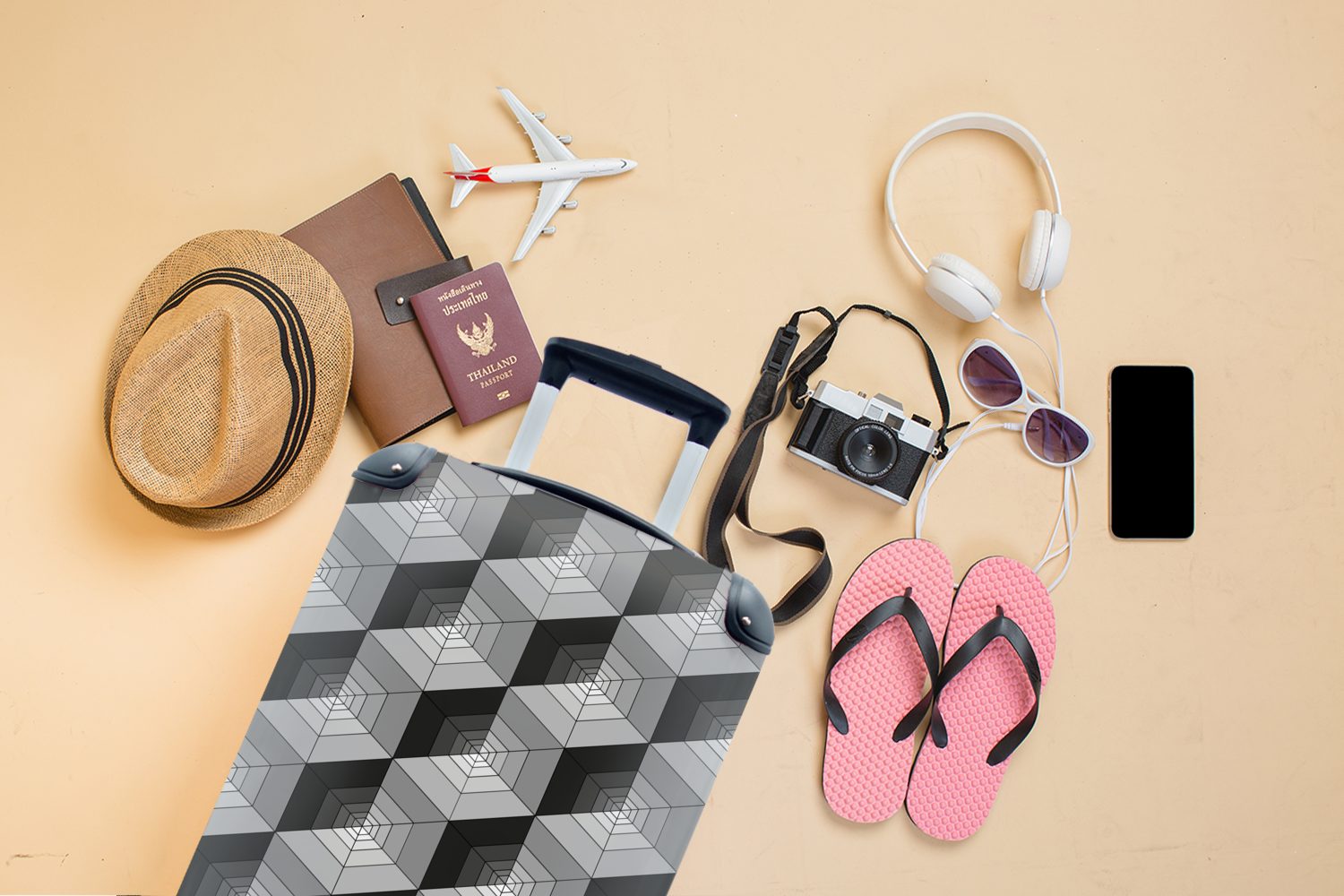 MuchoWow Handgepäckkoffer Handgepäck mit Reisetasche Trolley, rollen, - Ferien, Würfel Rollen, 3D, 4 Reisekoffer Muster für 