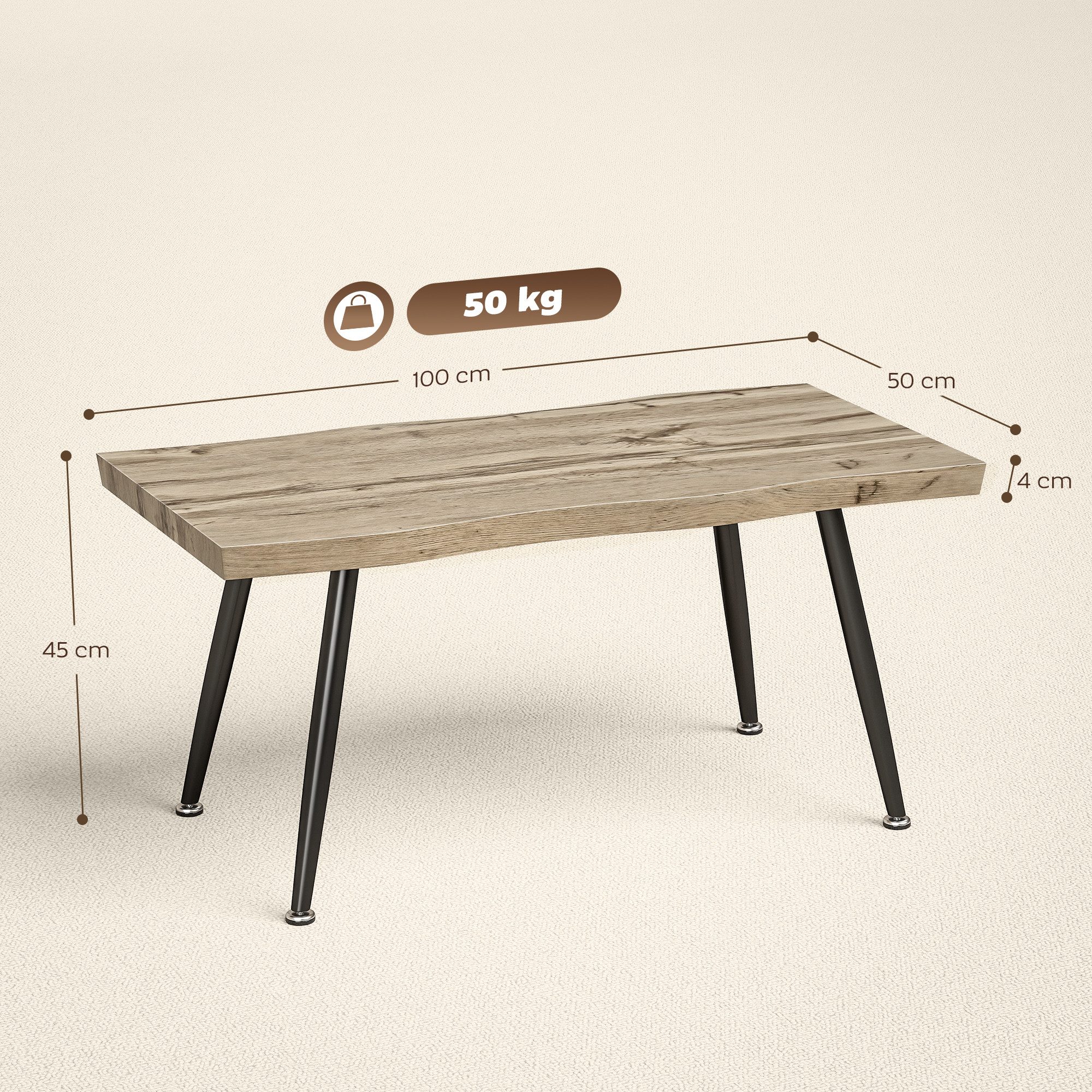 HOMCOM Couchtisch Wohnzimmertisch Sofatisch mit Stahlbeine, 4 cm dicker Tischplatte (Kaffeetisch, 1-St., Beistelltisch), für Wohnzimmer, Schlafzimmer, Eiche+Sch – Bild 3 von 5