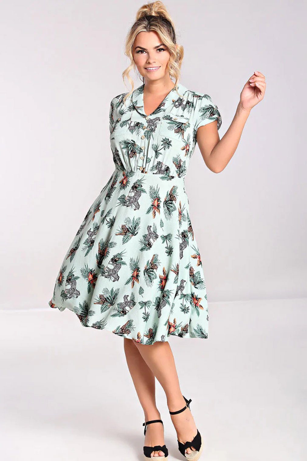 Hell Bunny A-Linien-Kleid Sofia Retro Vintage Swingkleid Rockabilly Palmen Tropisches Muster Relaxed Fit