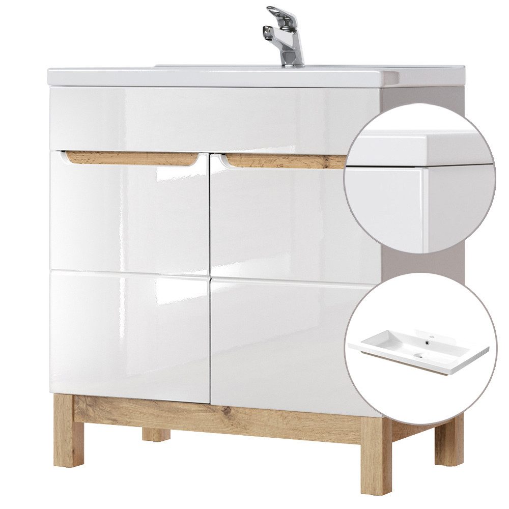 Lomadox Waschtisch SOLNA-56, weiß Wotaneiche 81x85x46cm günstig online kaufen