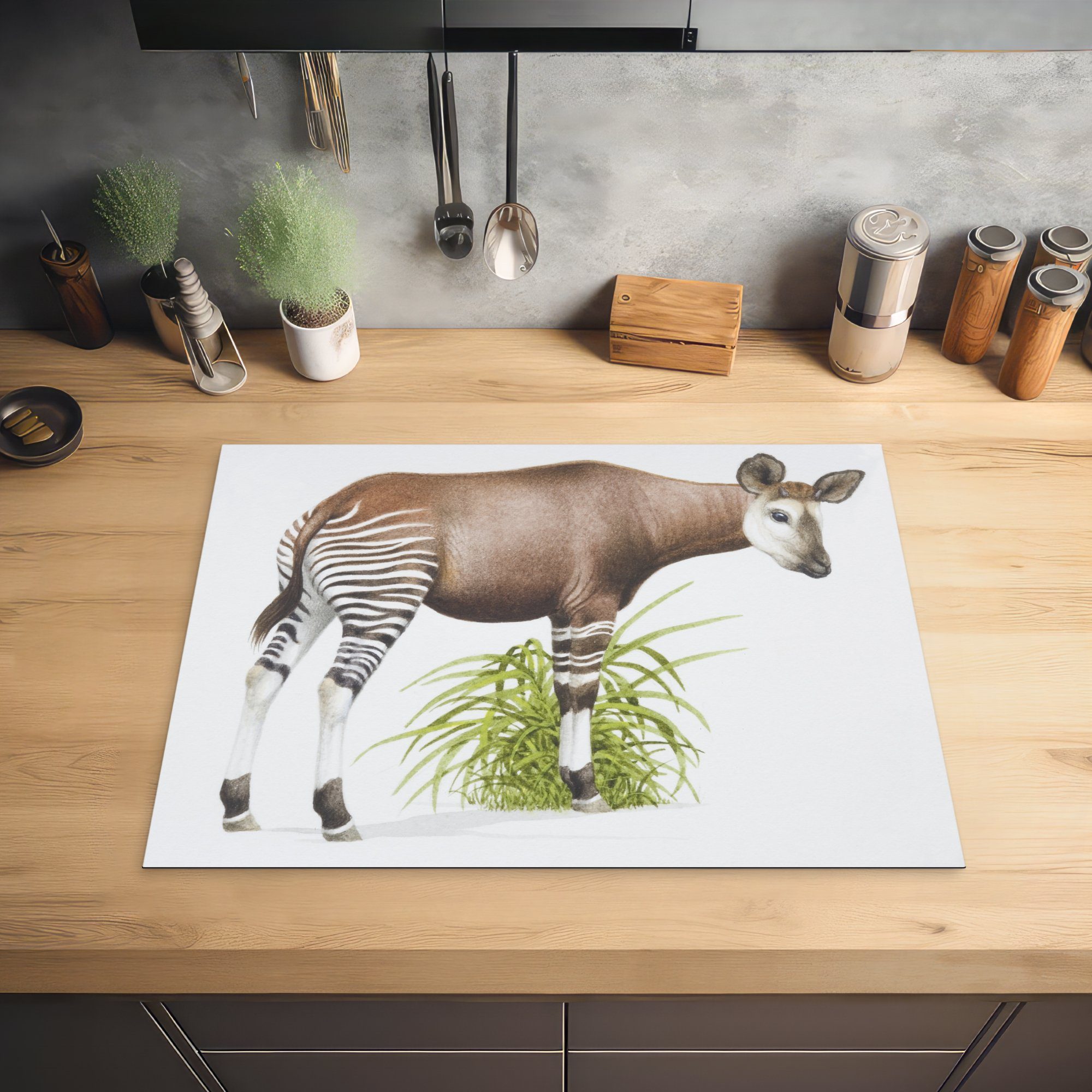 MuchoWow Herdblende-/Abdeckplatte Illustration Mobile 70x52 Okapis, Vinyl, eines Arbeitsfläche Ceranfeldabdeckung tlg), cm, nutzbar, (1