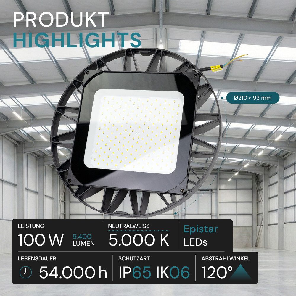 LUXULA LED Arbeitsleuchte LUXULA LED Hallenstrahler HighBay 100 W 5000 K Neutralweiß Schwarz, LED fest integriert, Tageslichtweiß, spritzwassergeschützt