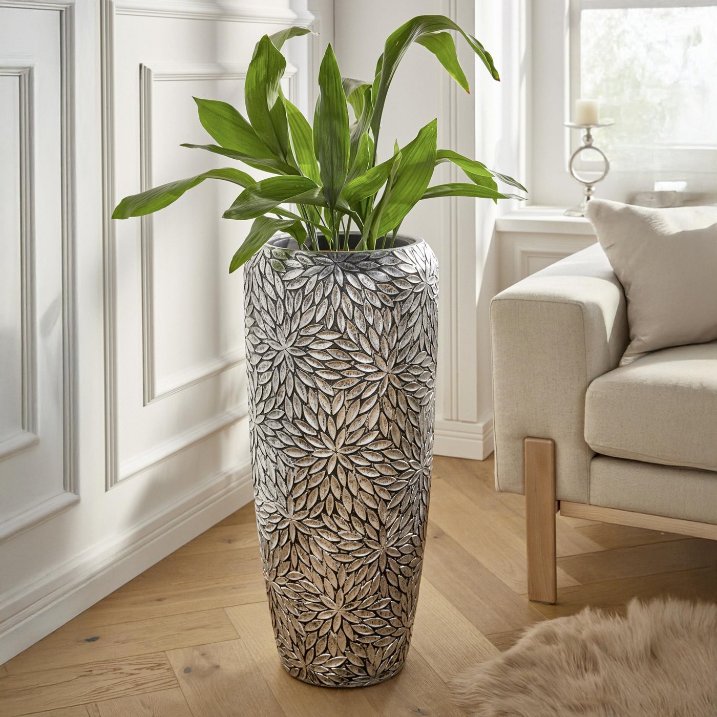 Thumbnail - Frank Flechtwaren Blumentopf Großer Übertopf Blüten 75cm – Metall Optik, Blumentopf
