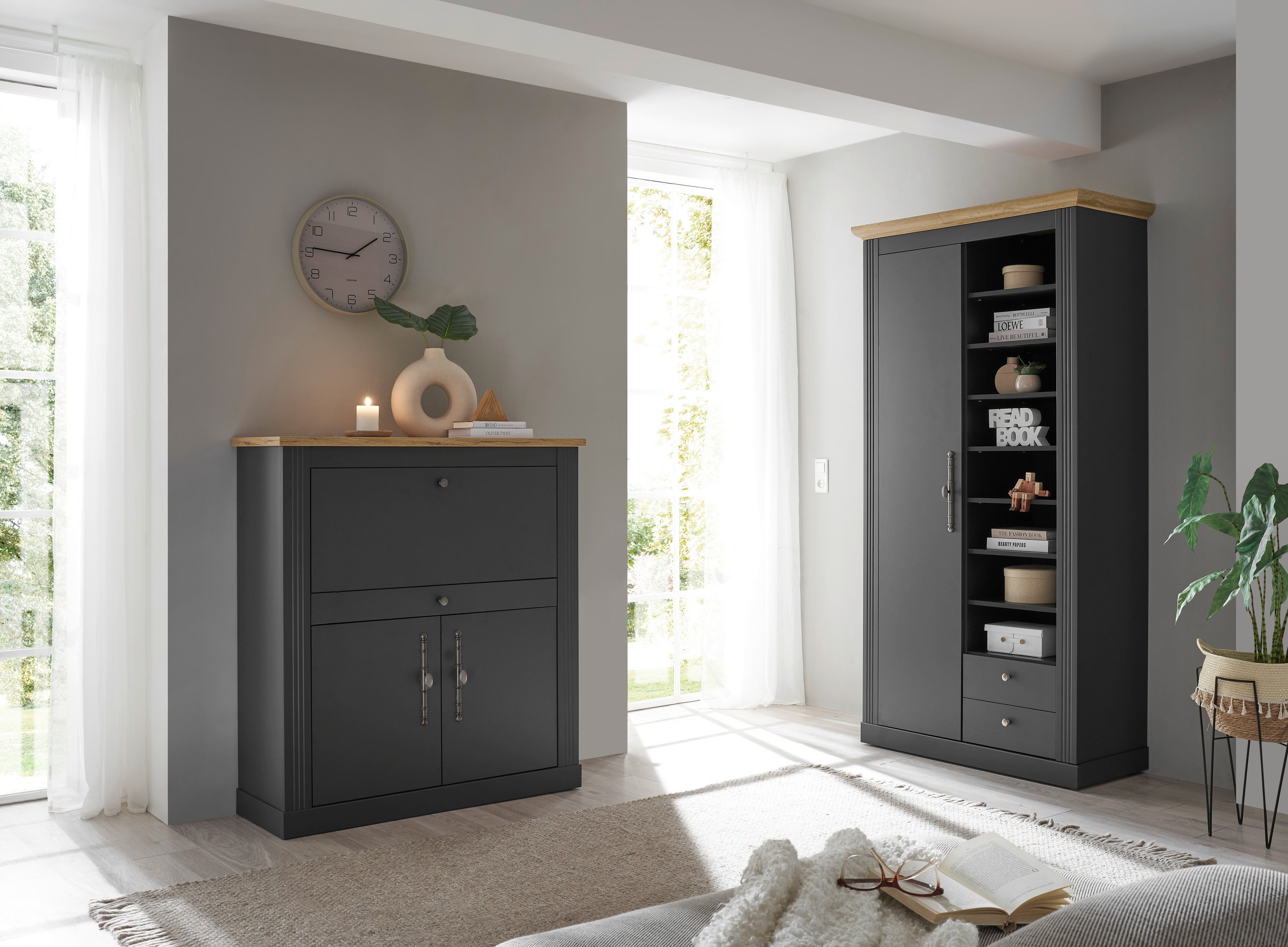 OTTO home Büromöbel-Set Westminster, wohnliches Home-Office, Büro in zwei Farben verfügbar, (Set, 2-tlg), enthält Sekretär und Stauraumschrank im Landhausstil, mit Kabelkanal