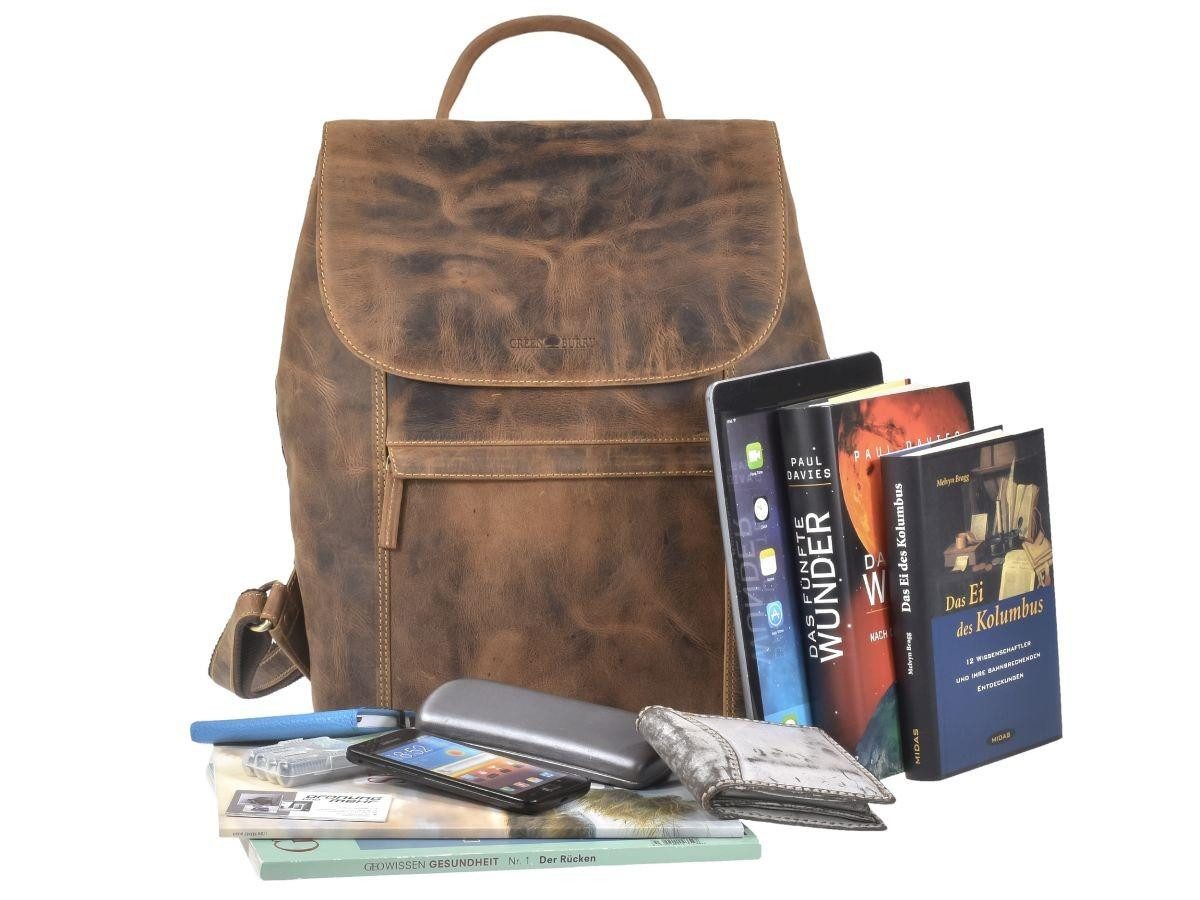 Greenburry Freizeitrucksack Vintage, Rucksack 33x38cm, kleiner Damenrucksack, Leder antik braun