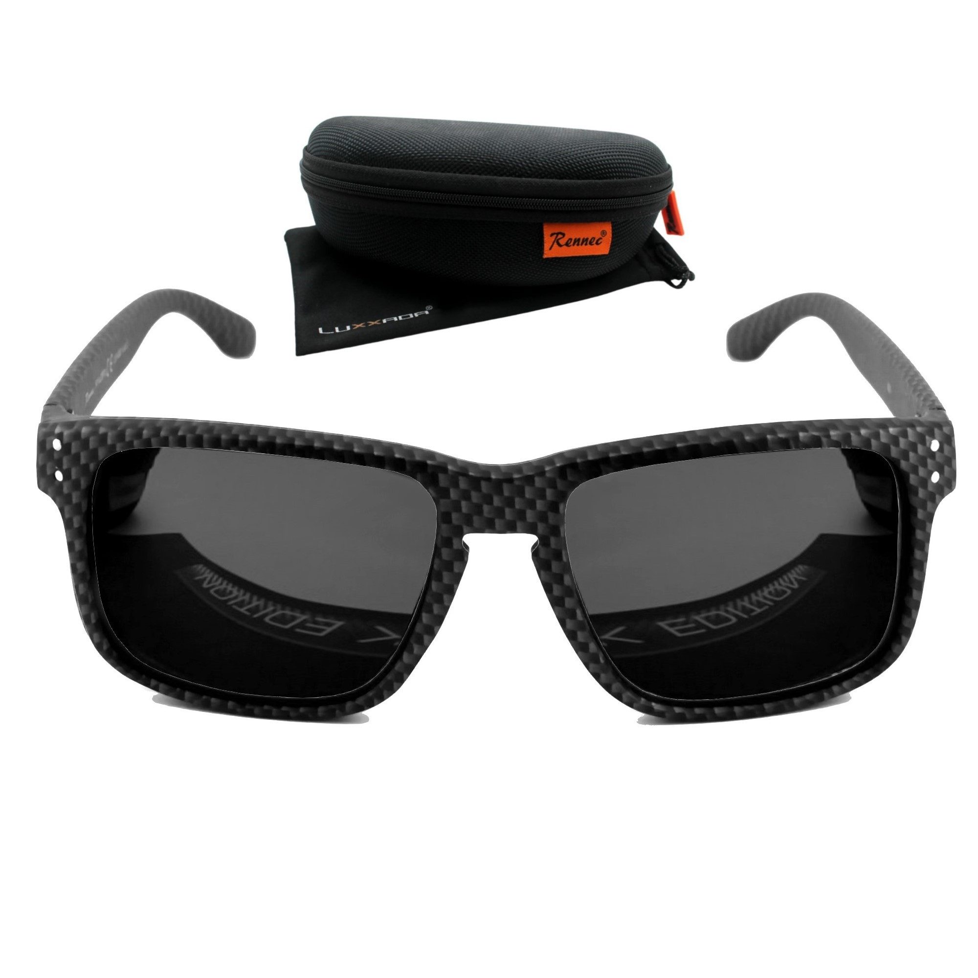 Rennec Sonnenbrille (Marken Sonnenbrille Herren Rechteckig Verspiegelt mit Hardcase) Polarisierte Gläser, Edelstahl Bügelgelenke, Carbon Optik