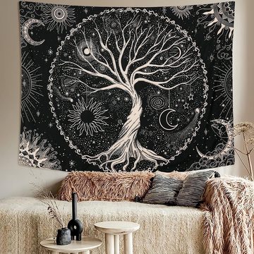 Houhence Wanddekoobjekt Baum des Lebens Tapisserie Mond und Sonne Schwarzer Wandbehang