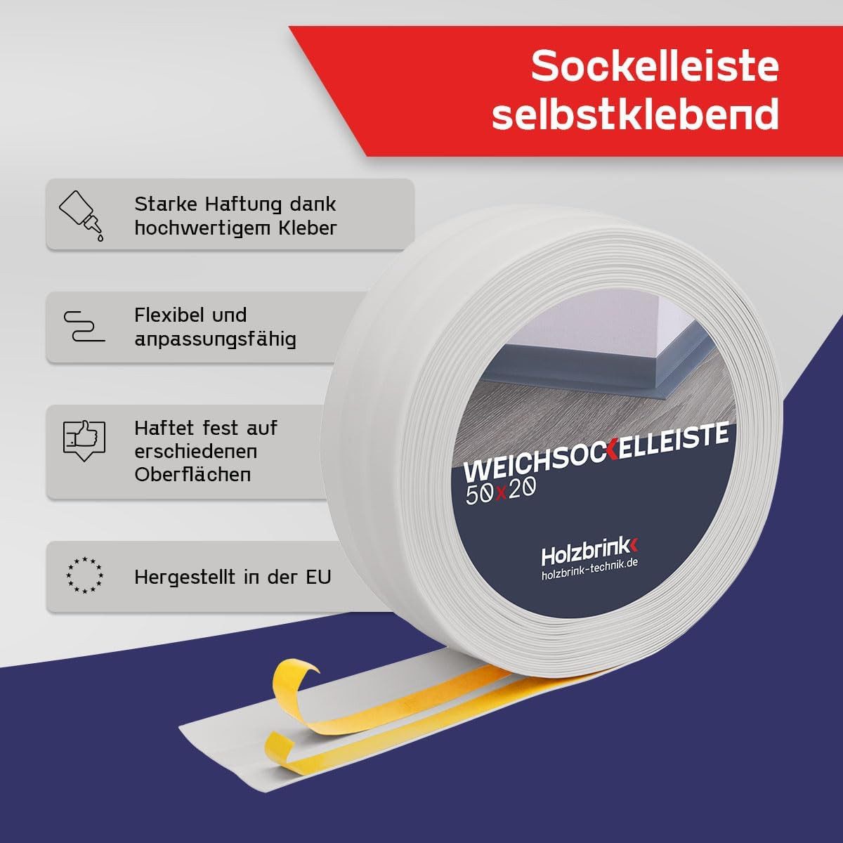 HOLZBRINK Sockelleiste HOLZBRINK selbstklebend PVC 50x20mm, 1 m, L: 100 cm, 1m Rolle, Küchenleiste Abschlussleiste für Badezimmer Farbe: Aschgrau