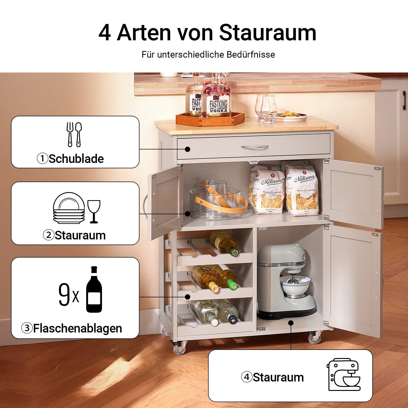 SoBuy Küchenwagen FKW45, Küchenwagen auf Rollen, Kücheninsel, Küchenregal, Servierwagen mit Flaschenablagen Weinschrank Rollwagen Küche Esszimmer