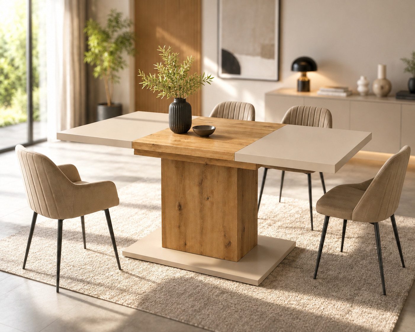 OTTO home Esstisch Boston, Säulentisch, Speisetisch, Küchentisch, ausziehbar bis 150 cm, Platz für bis zu 6 Personen, verlängerbar durch Einlegeplatte