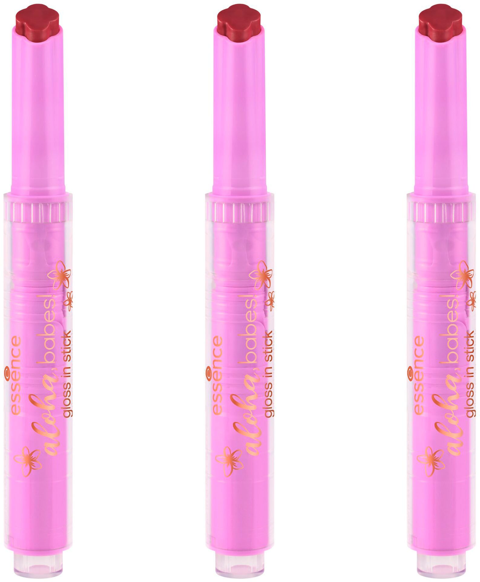 Essence Lippenstift aloha, babes! gloss in stick, 3-tlg., Pflegende Formel, leichte Deckkraft, mit Kokosnussduft.