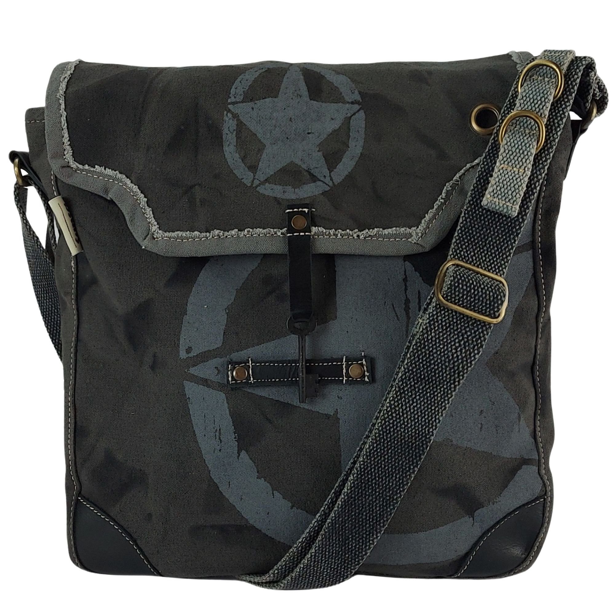 Sunsa Messenger Bag Schwarze Umhängetasche große Vintage Crossbody Tasche Schultertasche, echt Leder, Stern Aufdruck | Canvas-Taschen