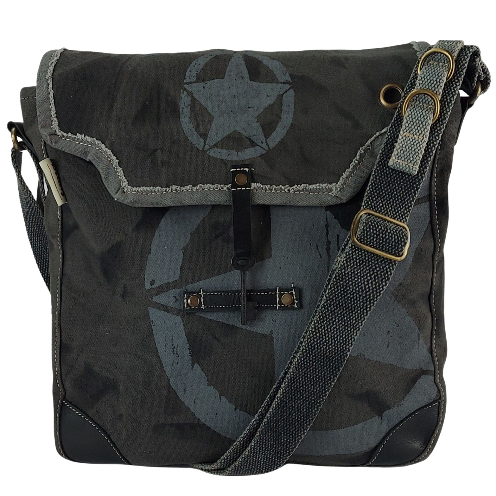 Sunsa Messenger Bag Schwarze Umhängetasche große Vintage Crossbody Tasche Schultertasche, echt Leder, Stern Aufdruck