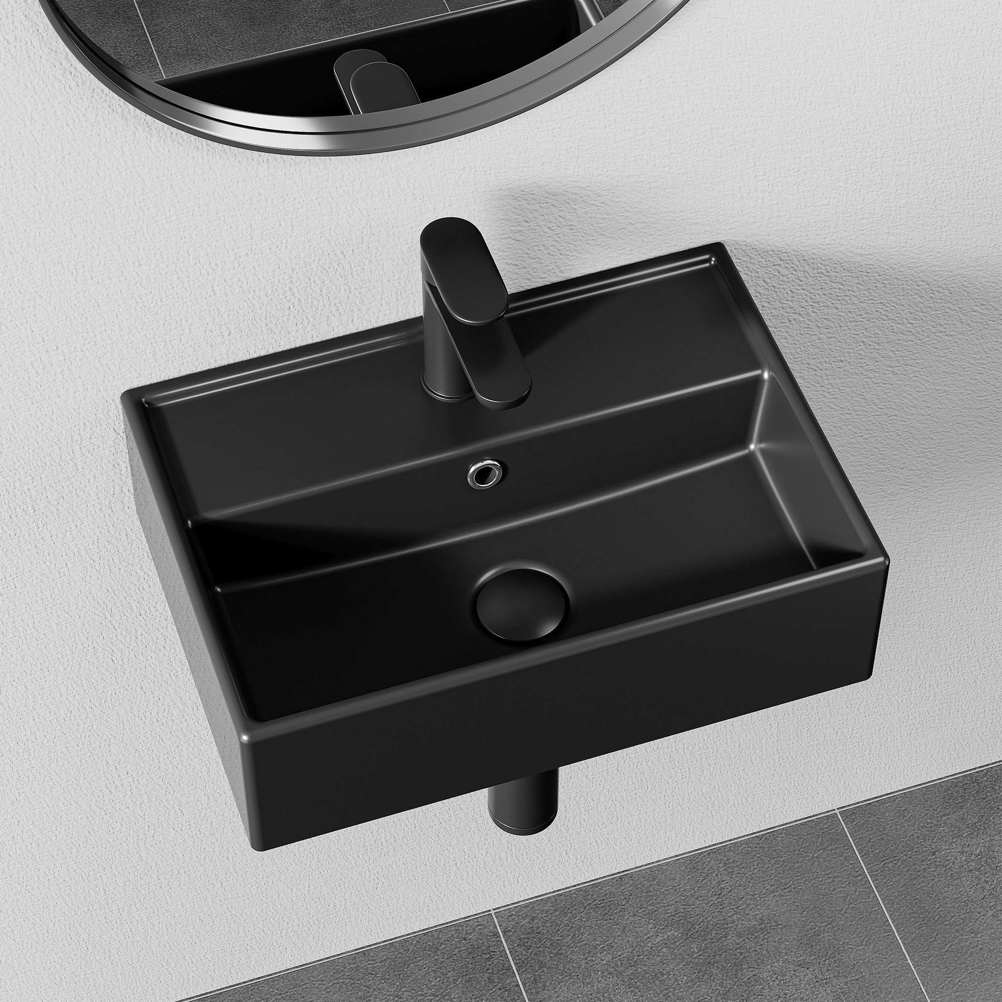 HOROW Waschbecken Aufsatzwaschbecken Hängewaschbecken Wandmontage Keramik 46*31cm (Waschtisch, mit Hahnloch und Überlauf - 60*42cm Weiß)