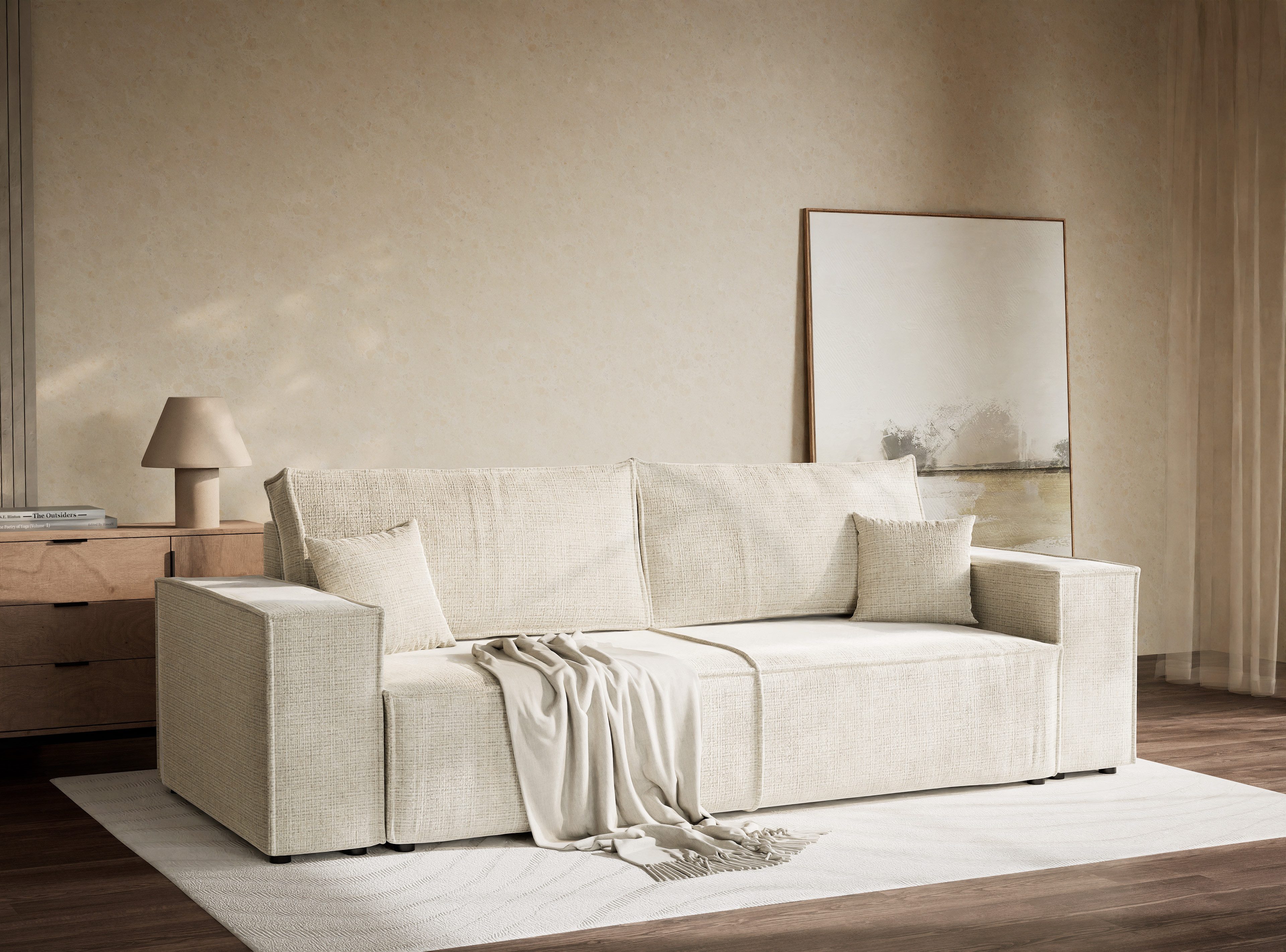 Maison de Rêve 3-Sitzer Sofa mit Schlaffunktion Milos, Schlafsofa mit Bettkasten und Zierkissen, Liegefläche 135x200 cm