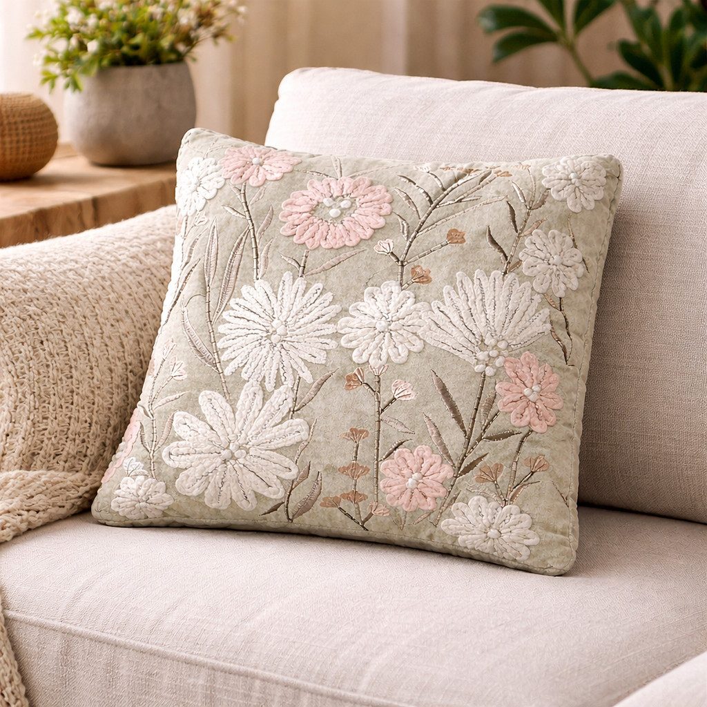 BOLTZE Dekokissen Besticktes Sofakissen Fleur – Handgefertigtes Dekokissen in Rosa 30cm