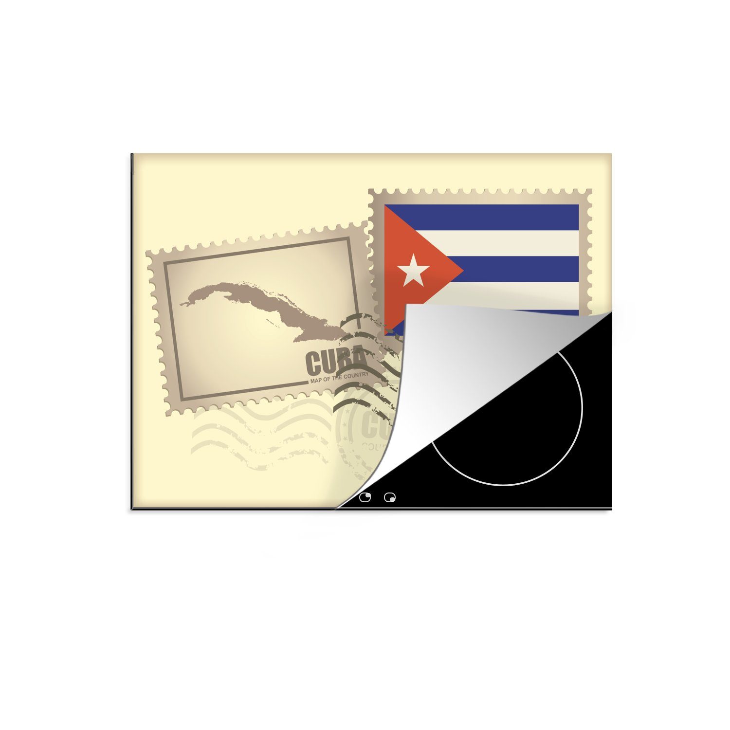 MuchoWow Herdblende-/Abdeckplatte Eine Illustration von Briefmarken mit der Karte von Kuba und der, Vinyl, (1 tlg), 70x52 cm, Mobile Arbeitsfläche nutzbar, Ceranfeldabdeckung